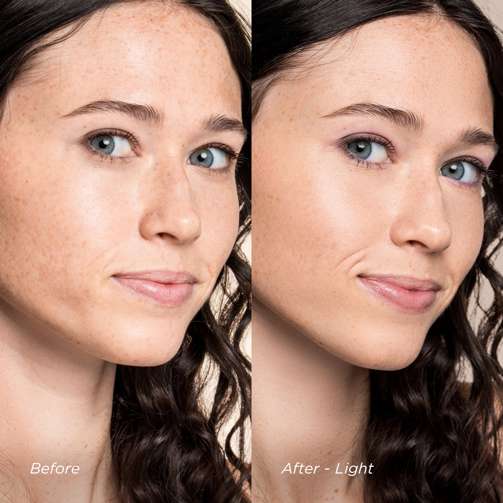 Before and after comparison of a woman's face with light skin tone.
