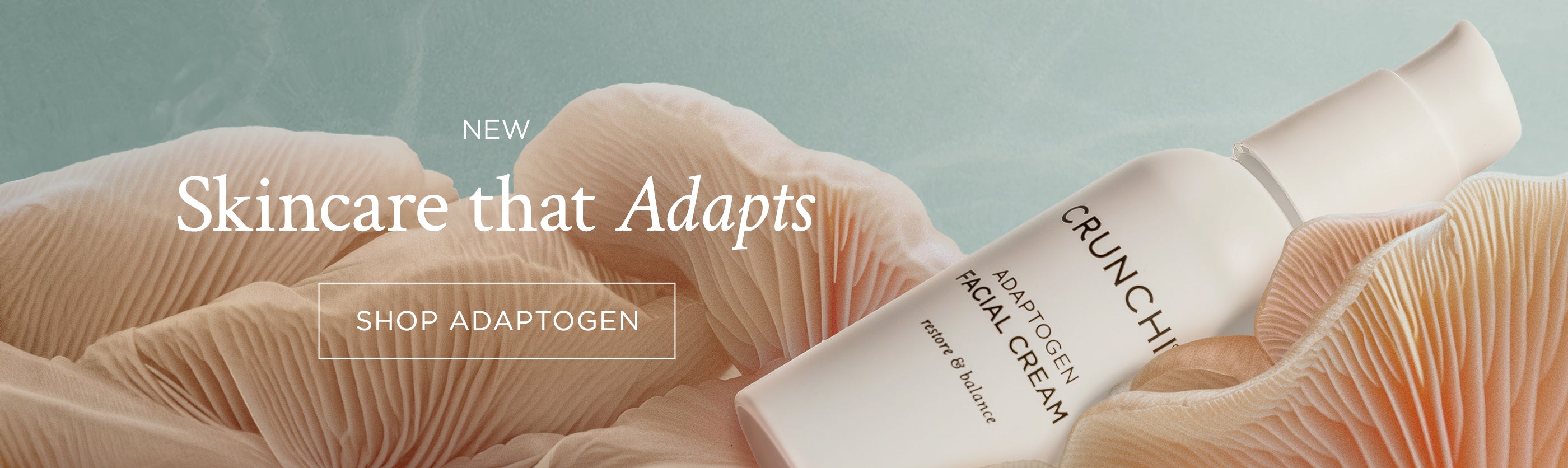Skincare product with text 'NEW Skincare that Adapts' and 'SHOP ADAPTOGEN' on a light background.