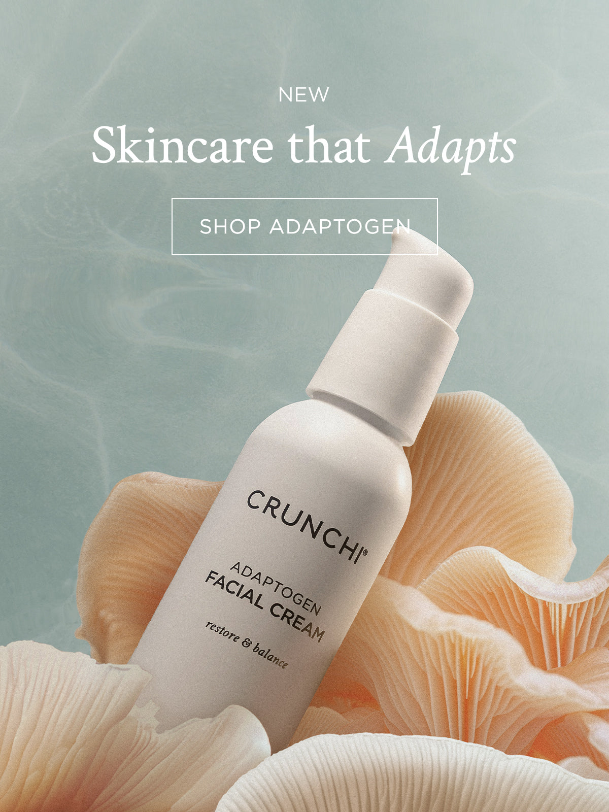 CRUNCHI adaptogen facial cream bottle on a natural background with text promoting new skincare.
