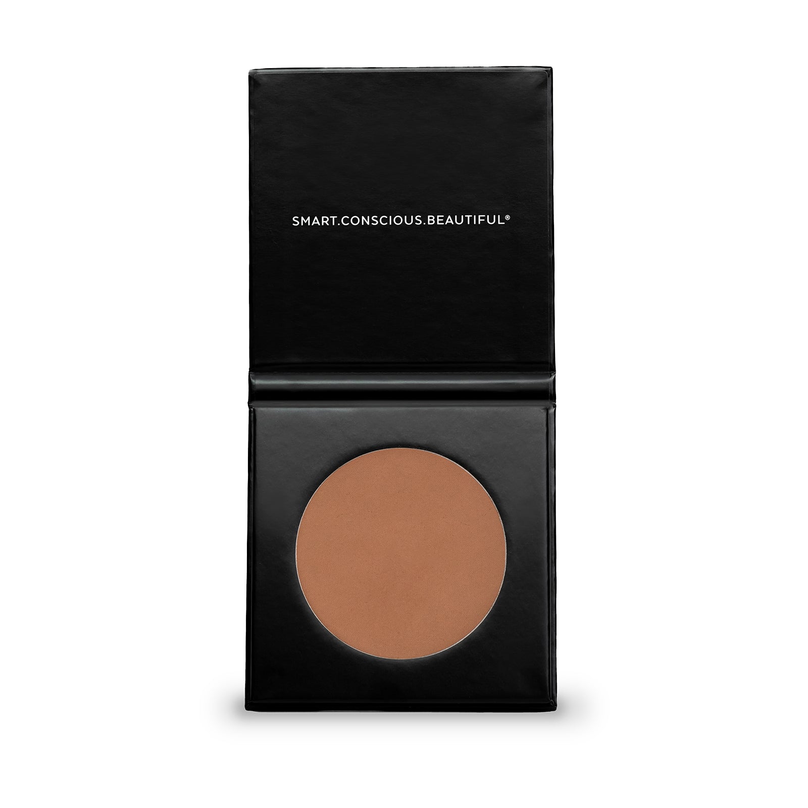 Black makeup compact with brown powder and 'Smart. Conscious. Beautiful' branding on a white background
