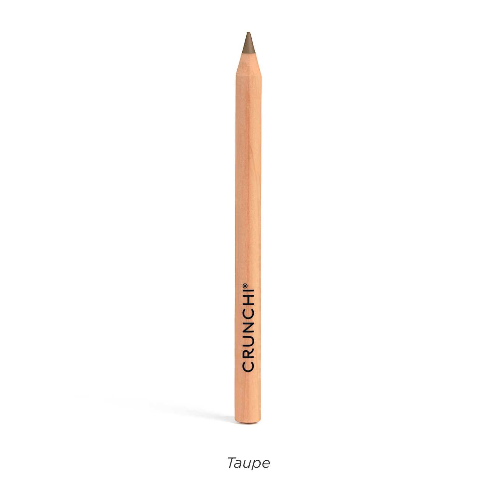 Taupe-colored makeup pencil with 'CRUNCHI' branding on a white background