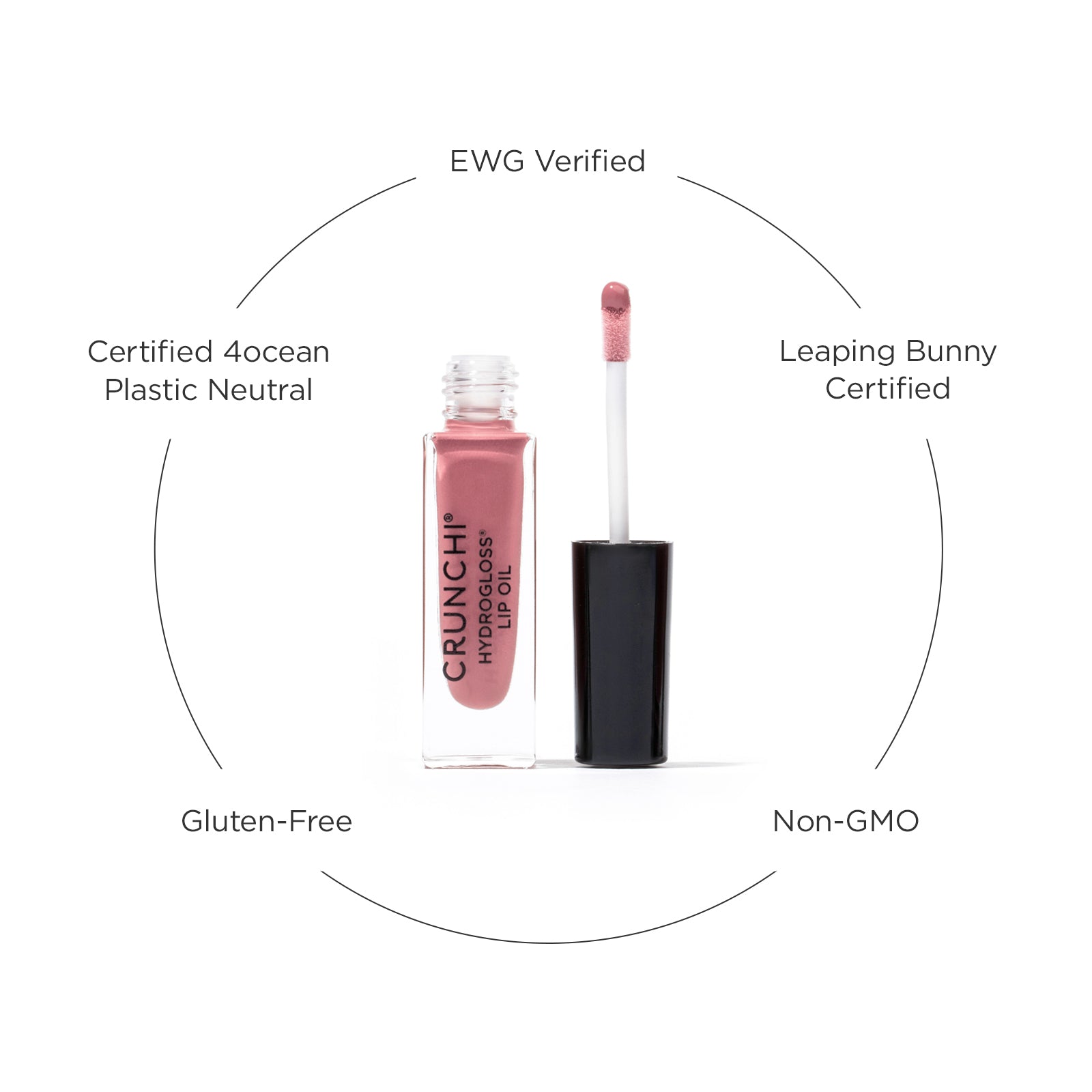 Lip oil with certification labels on a white background
