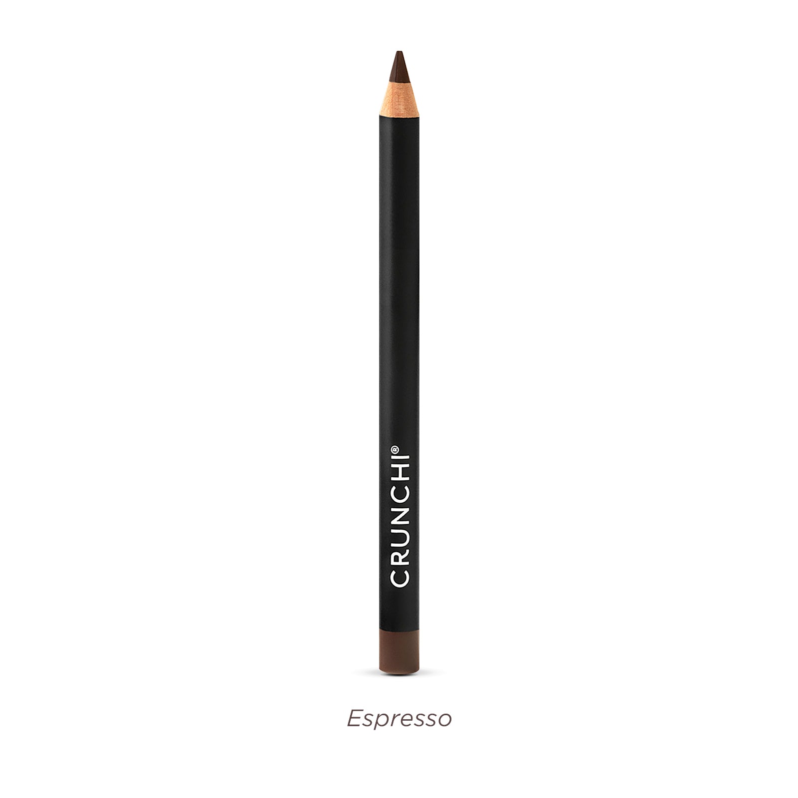 Black eyeliner pencil with brown tip on a white background, branded 'Crunchi'.