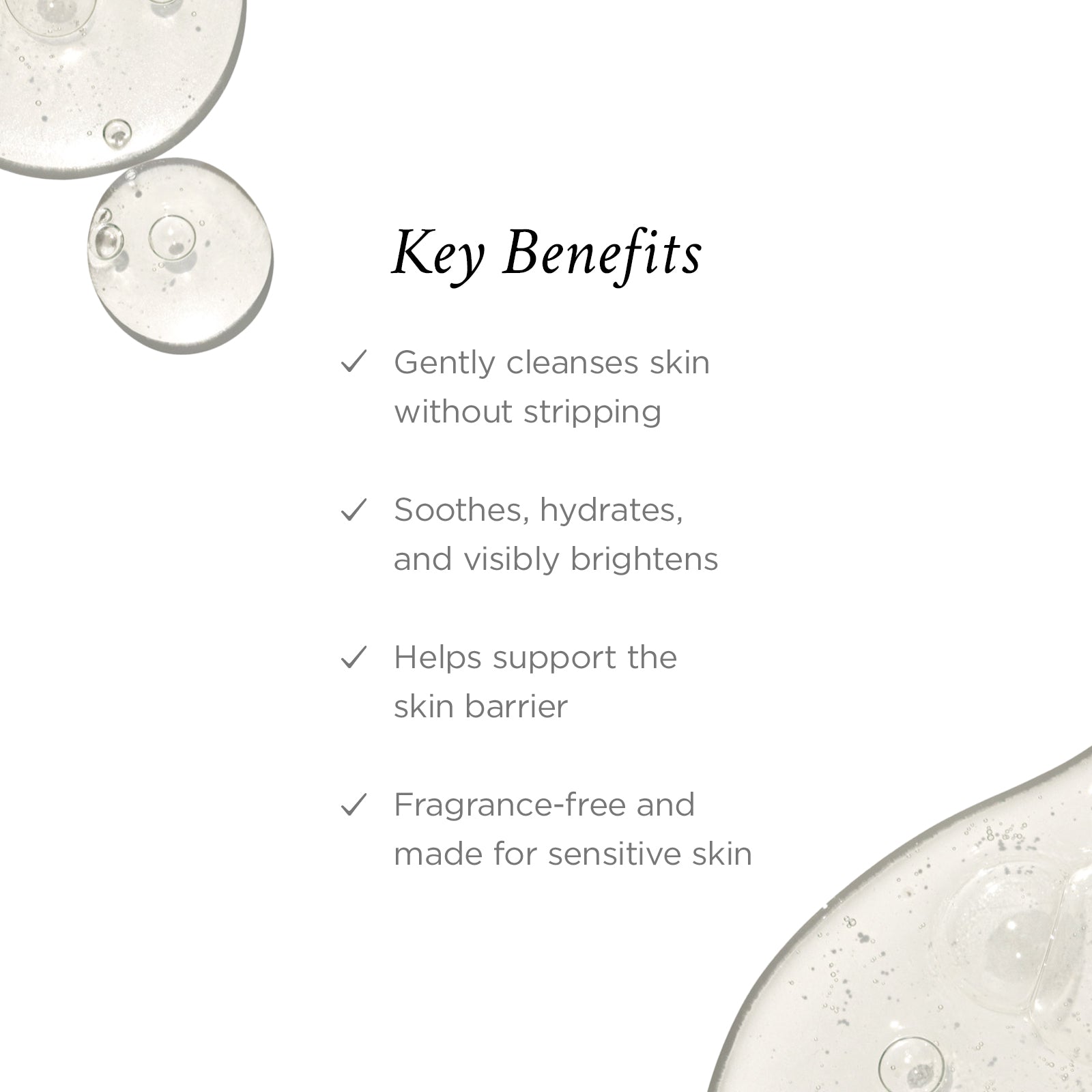 Key benefits of a skincare product displayed on a white background with close-up images of the product.