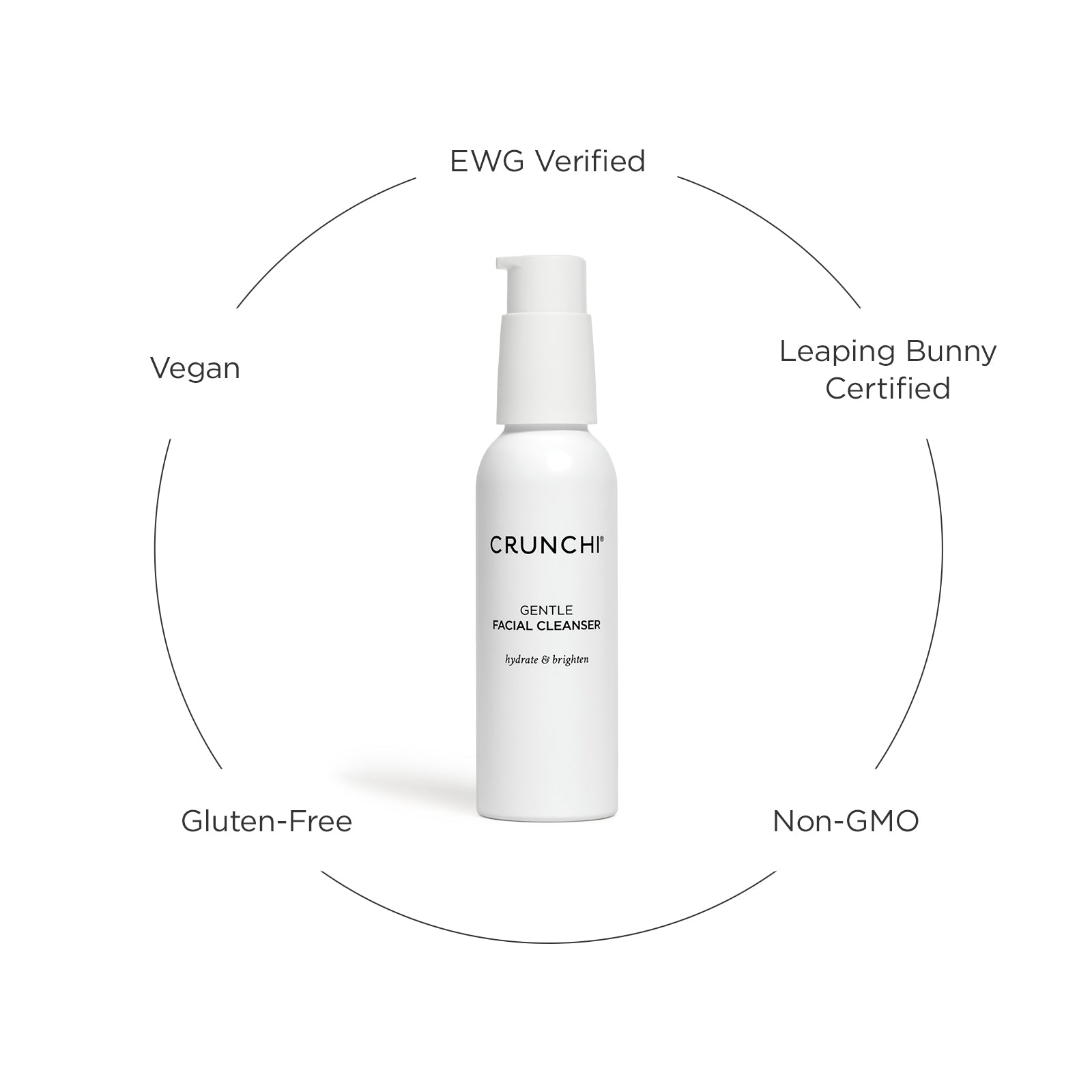 White facial cleanser bottle with certification labels on a white background