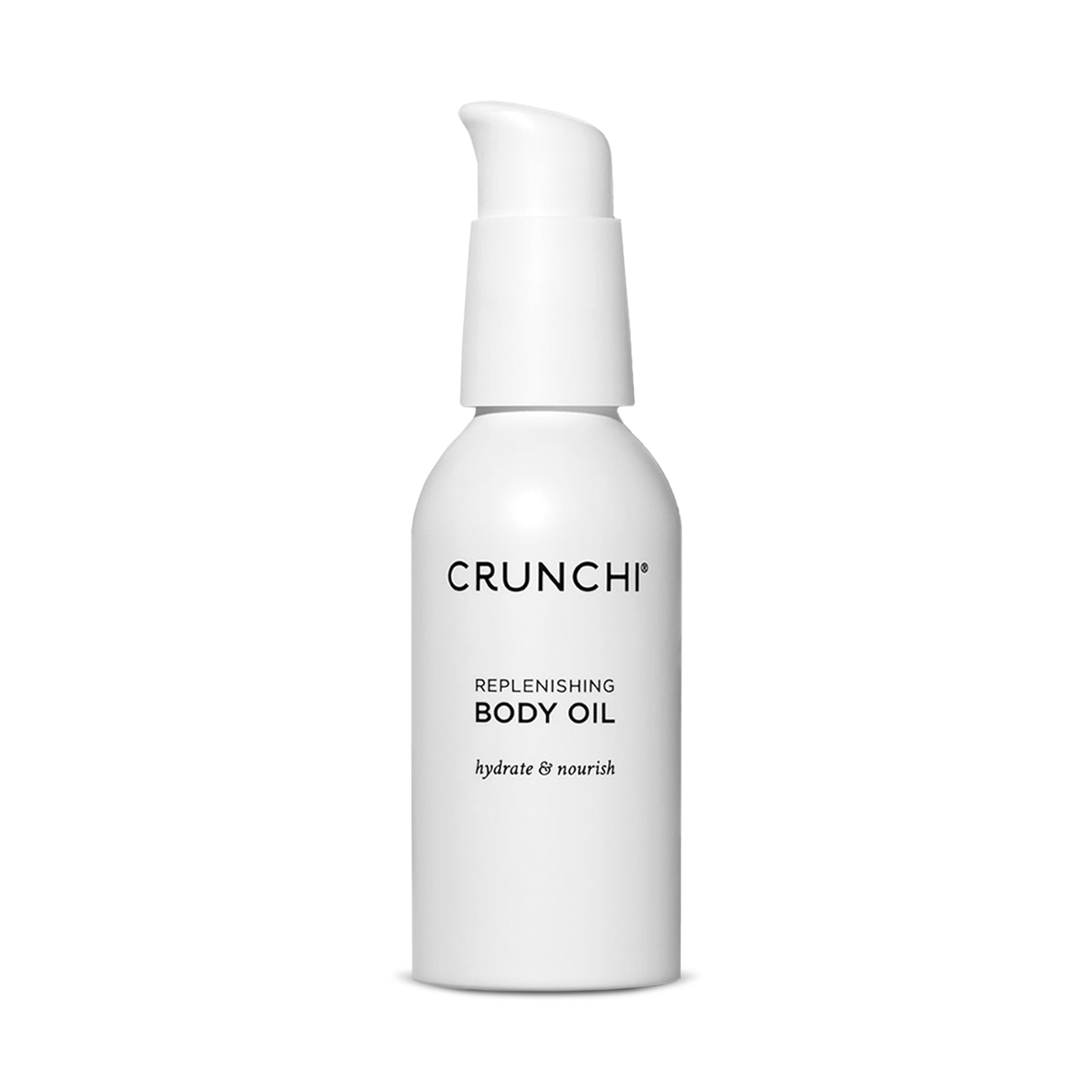 White bottle of Crunchi replenishing body oil on a white background