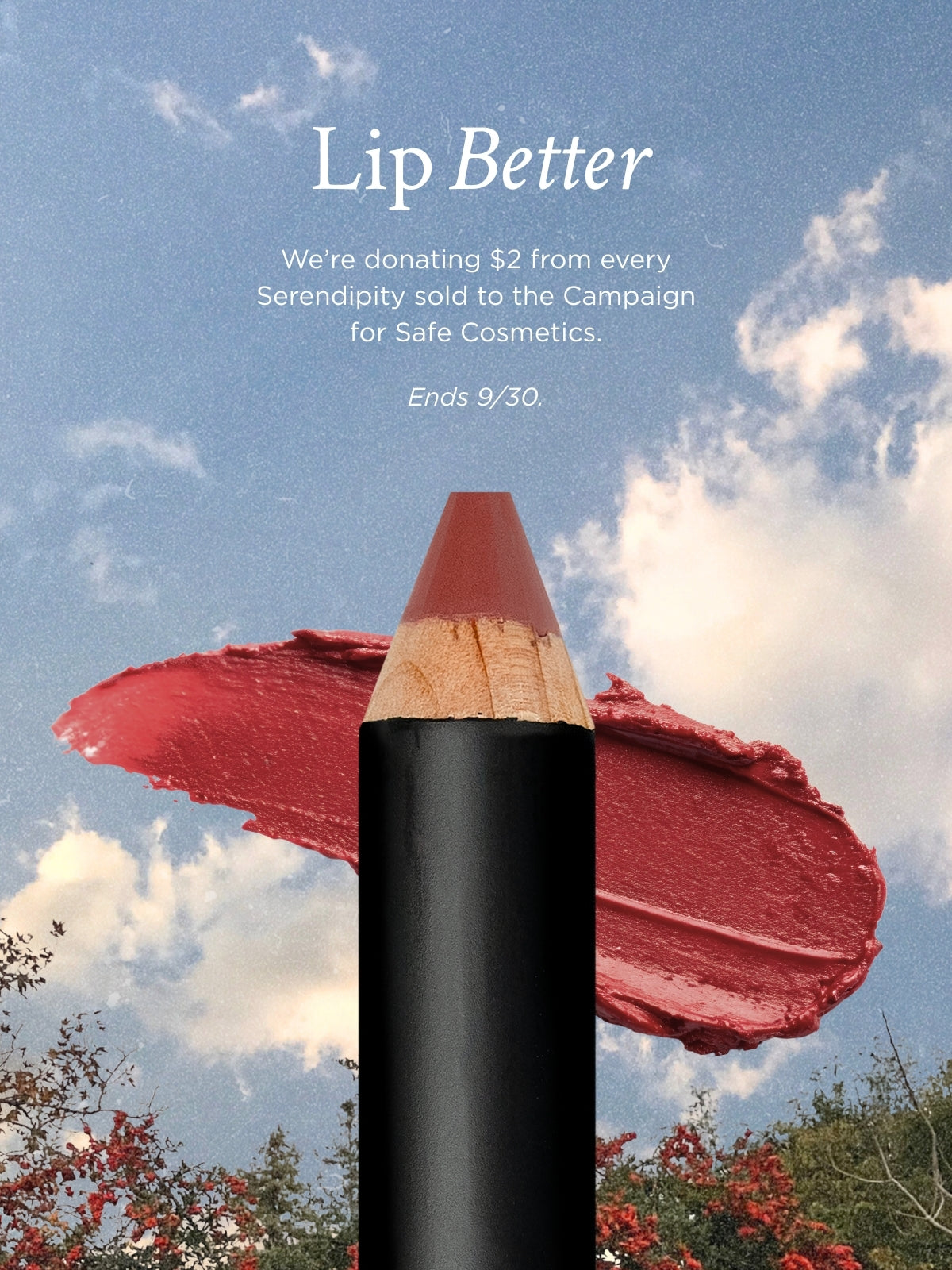 Lipstick pencil with red lipstick on a blue sky background, promoting a donation to safe cosmetics campaign.