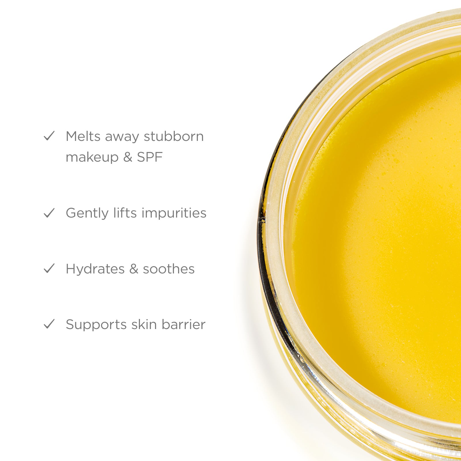 Yellow cream in a jar with text listing its benefits on a white background