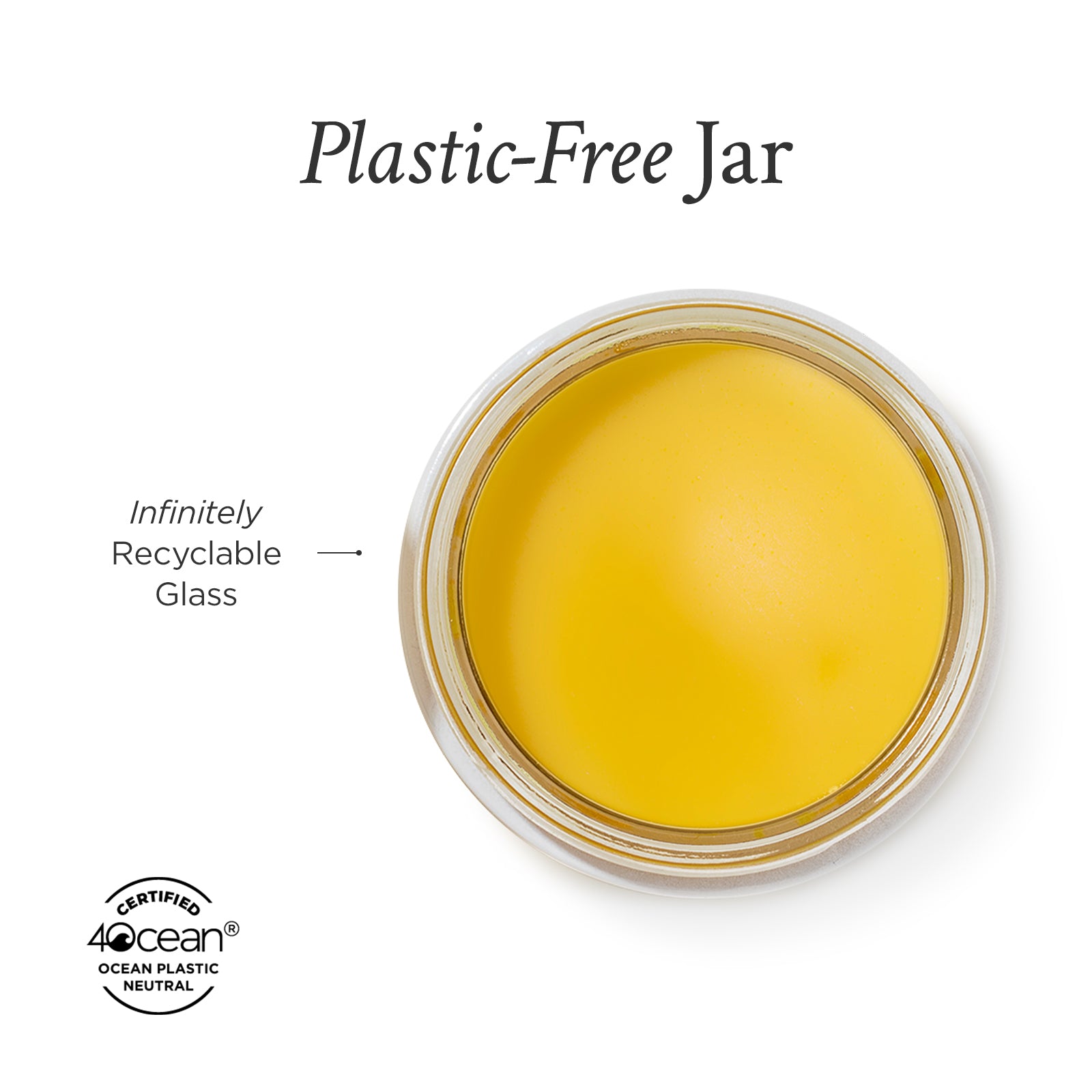 Glass jar with yellow contents on a white background, featuring 'Plastic-Free Jar' text and 4ocean logo.