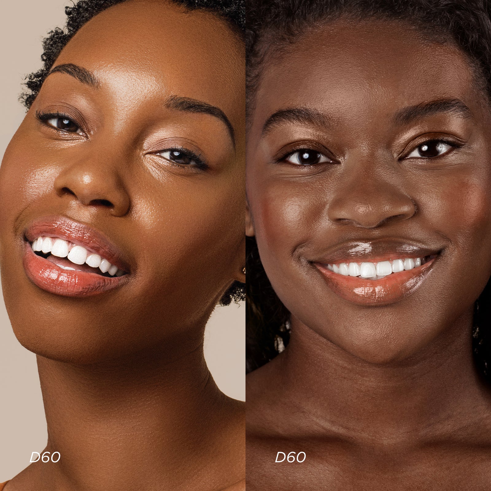 Two side-by-side images of a woman's face with close-up views of her skin texture.