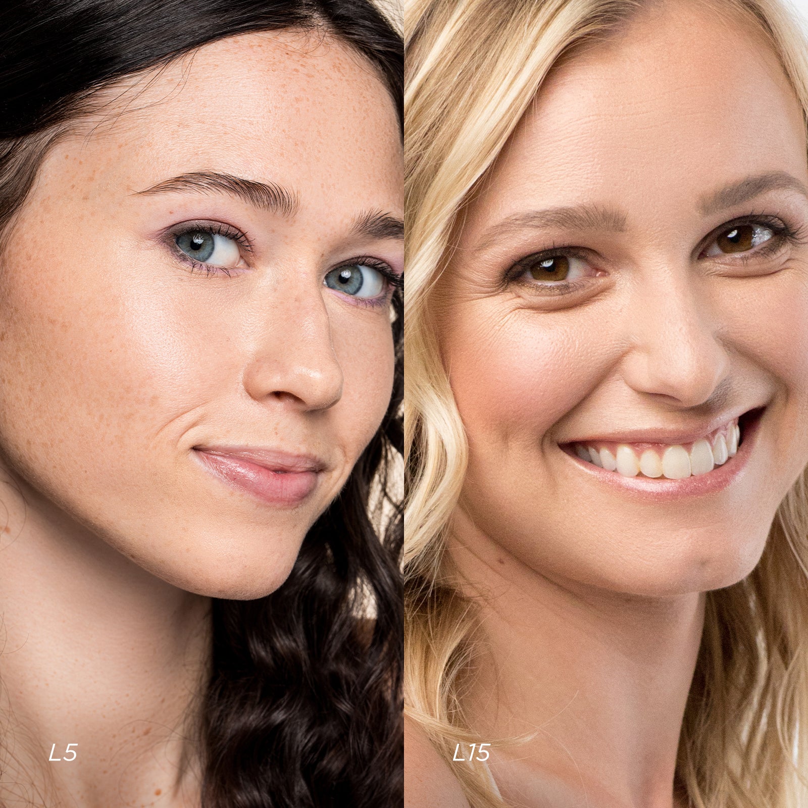 Two women side by side with close-up views of their faces, showing a before-and-after comparison.