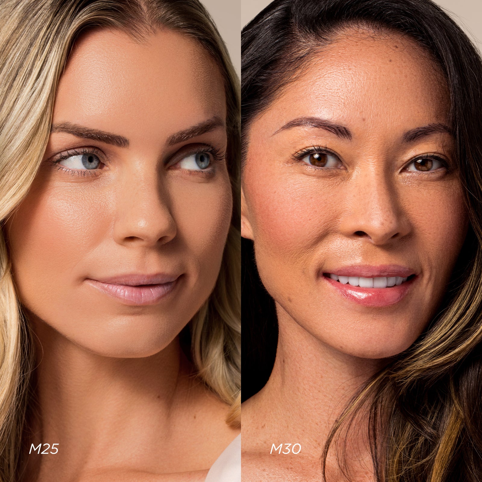 Two women with different skin tones side by side, labeled M25 and M30.