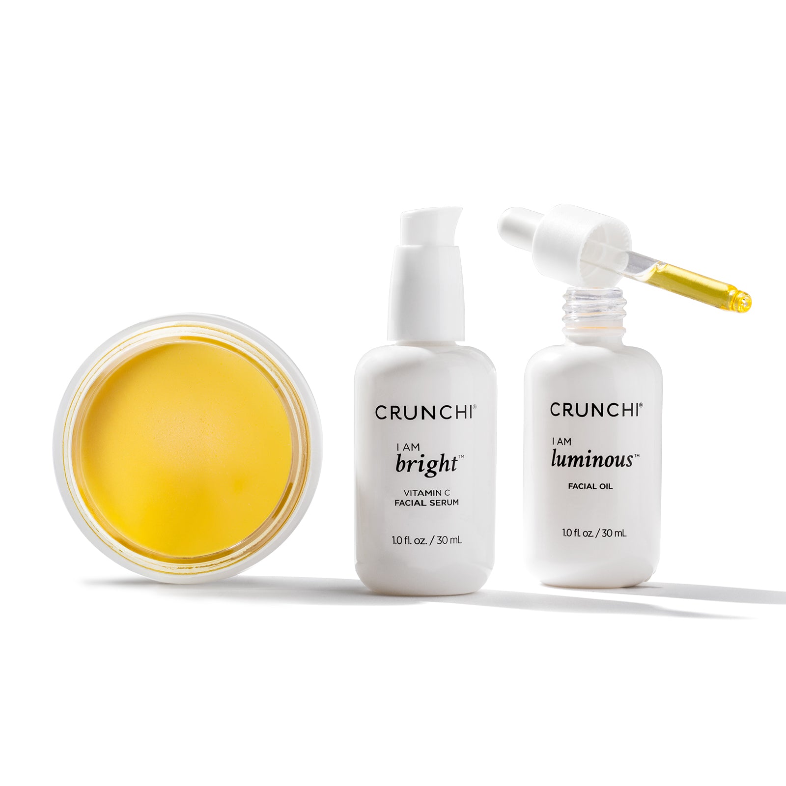 Three Crunchi skincare products on a white background