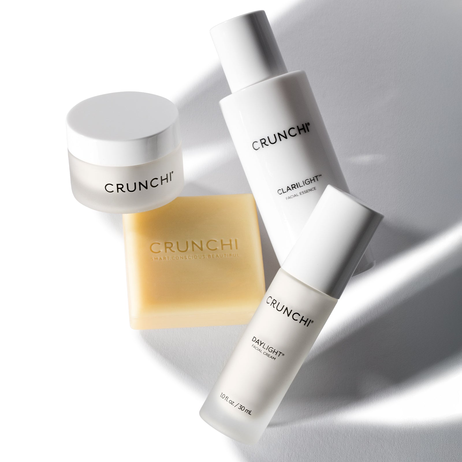 CRUNCHI skincare products on a white background