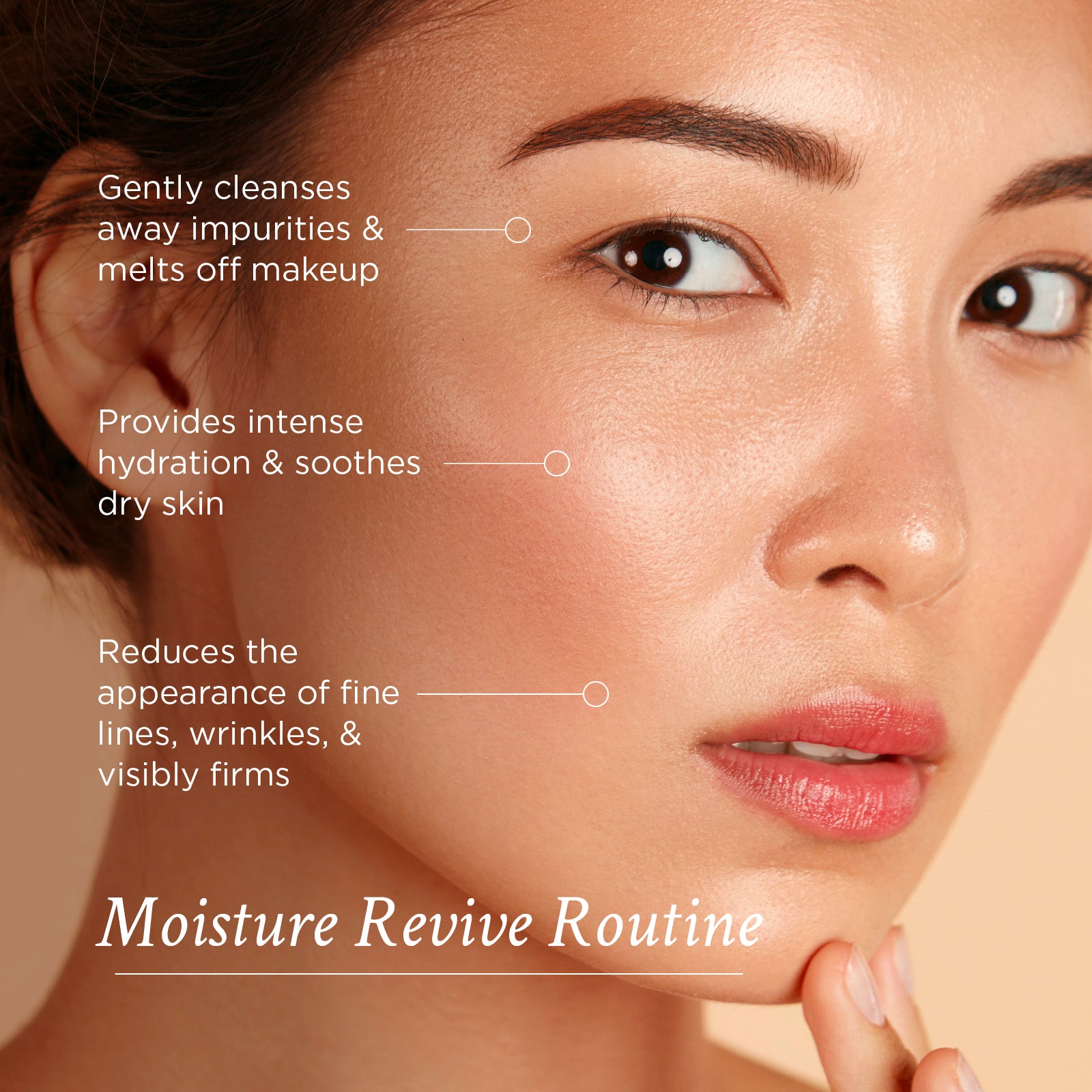 Woman's face with text highlighting the benefits of a moisture revive routine.