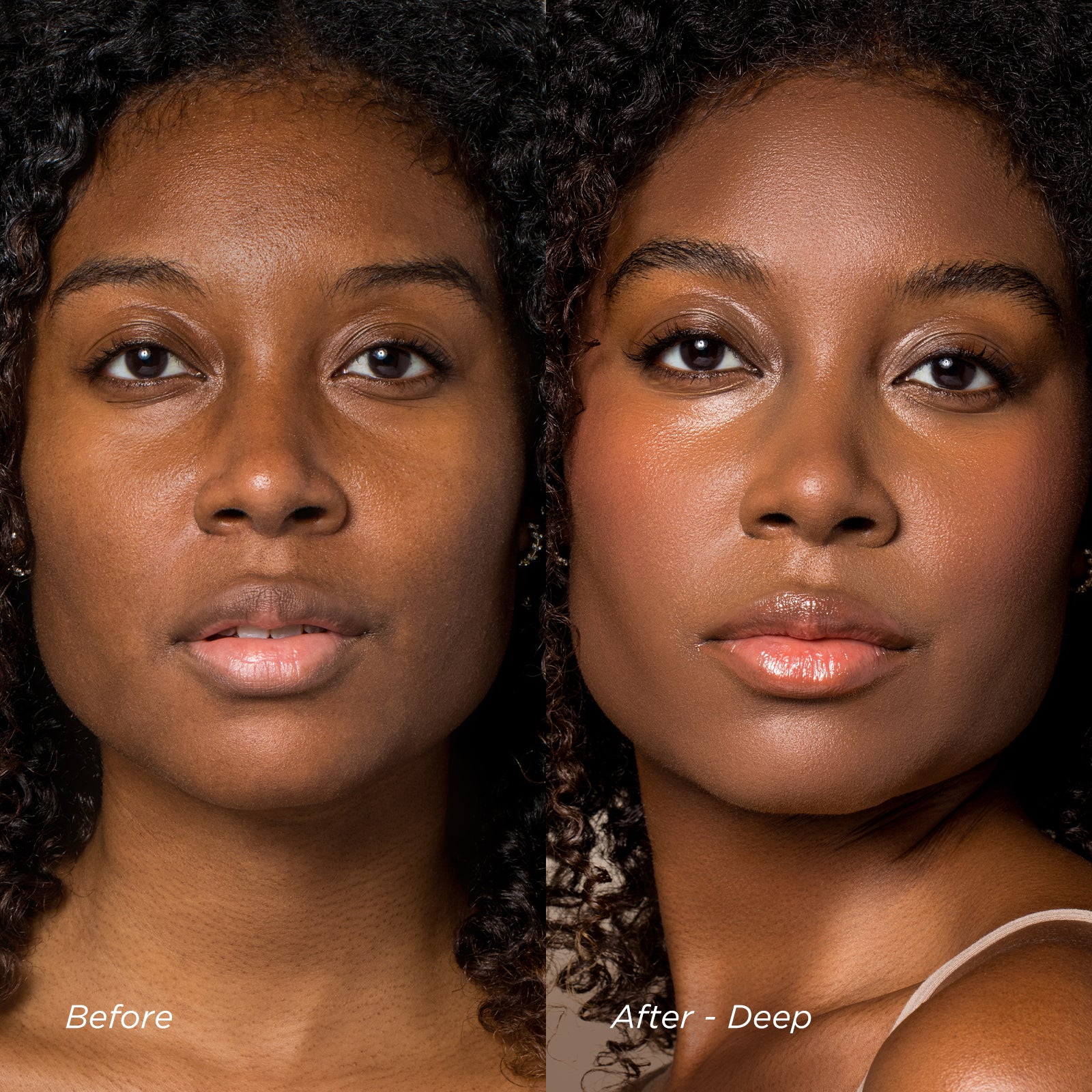 Before and after comparison of a woman's face with 'Before' on the left and 'After - Deep' on the right.