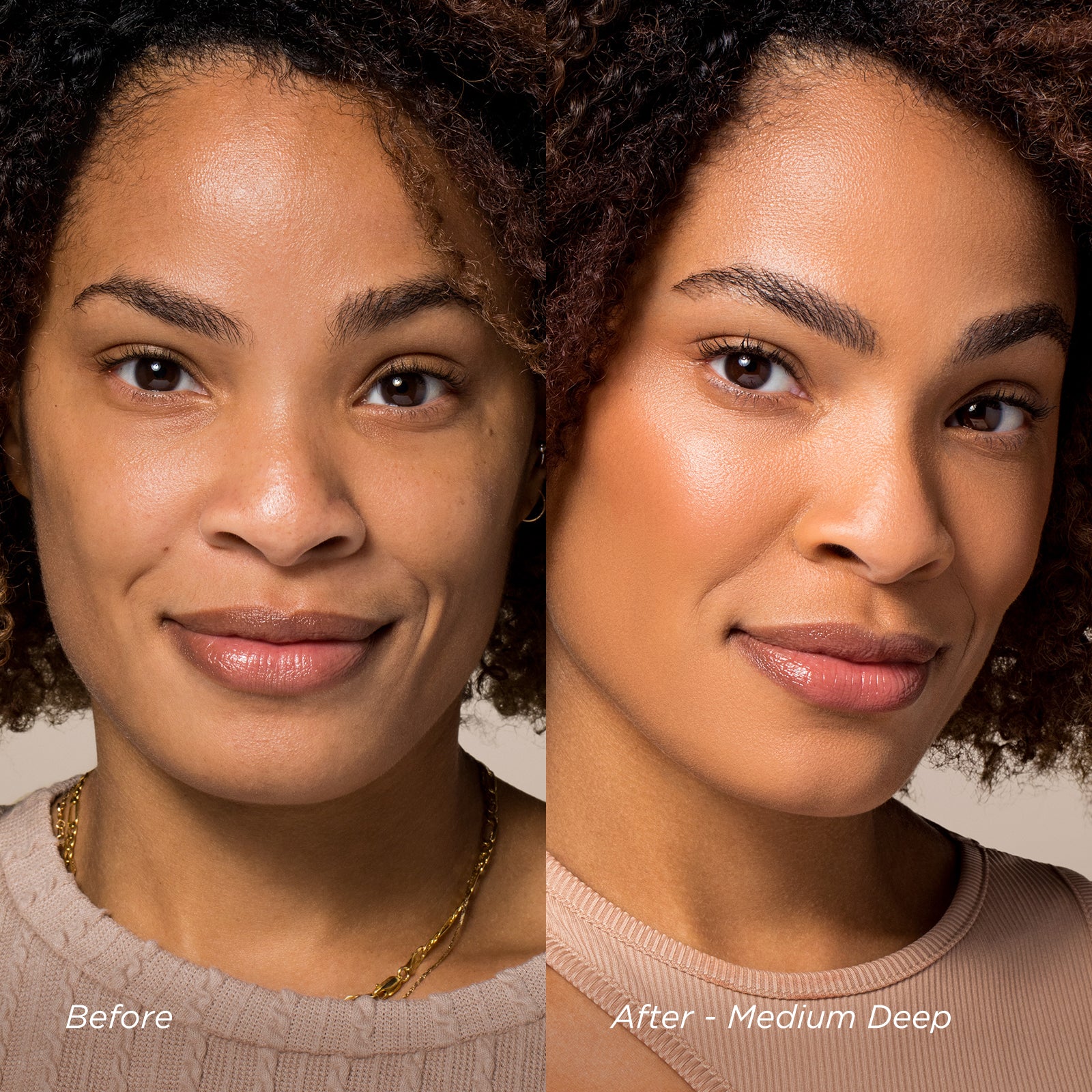 Before and after comparison of a woman's face with medium deep skin tone.