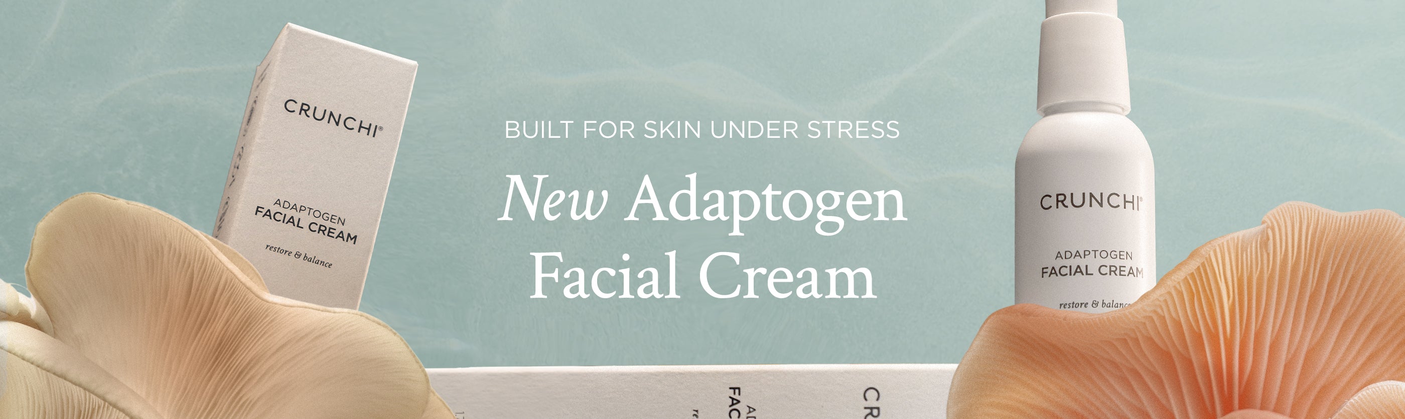 CRUNCHI Adaptogen Facial Cream packaging with a light blue background