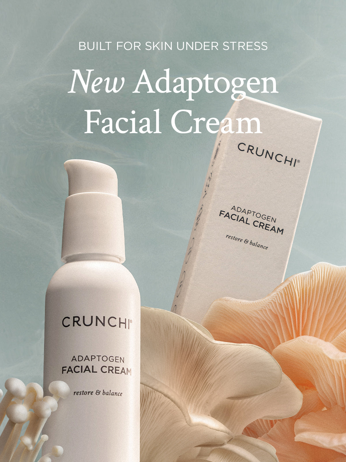 Two bottles of Crunchi Adaptogen Facial Cream with a floral background and text about skin under stress.