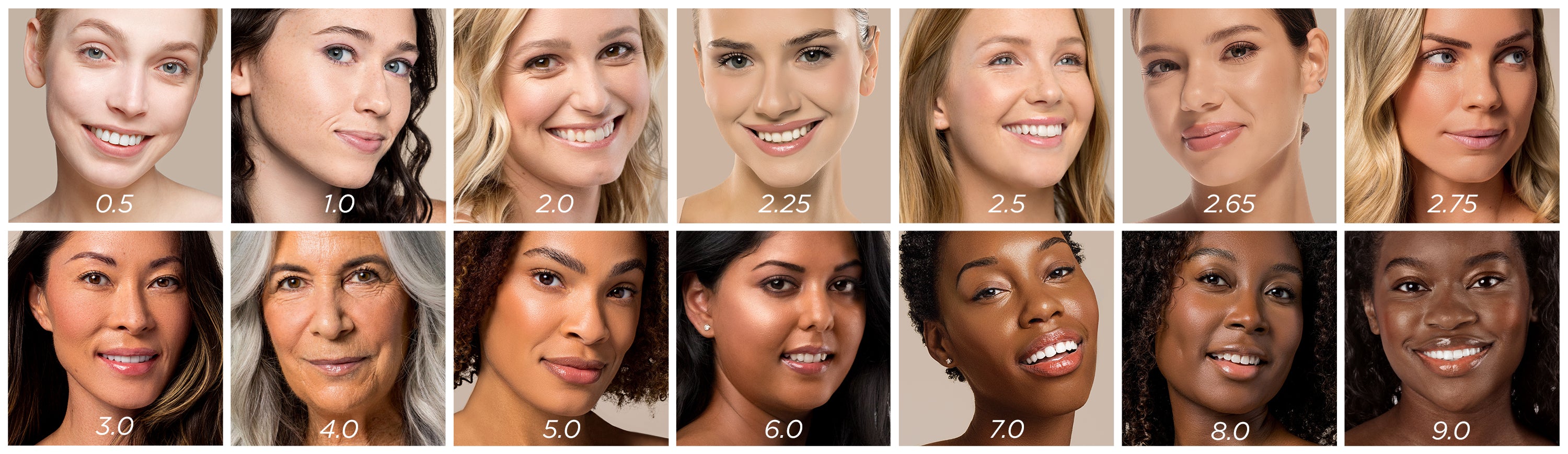 Grid of women with different skin tones and a scale on the right.