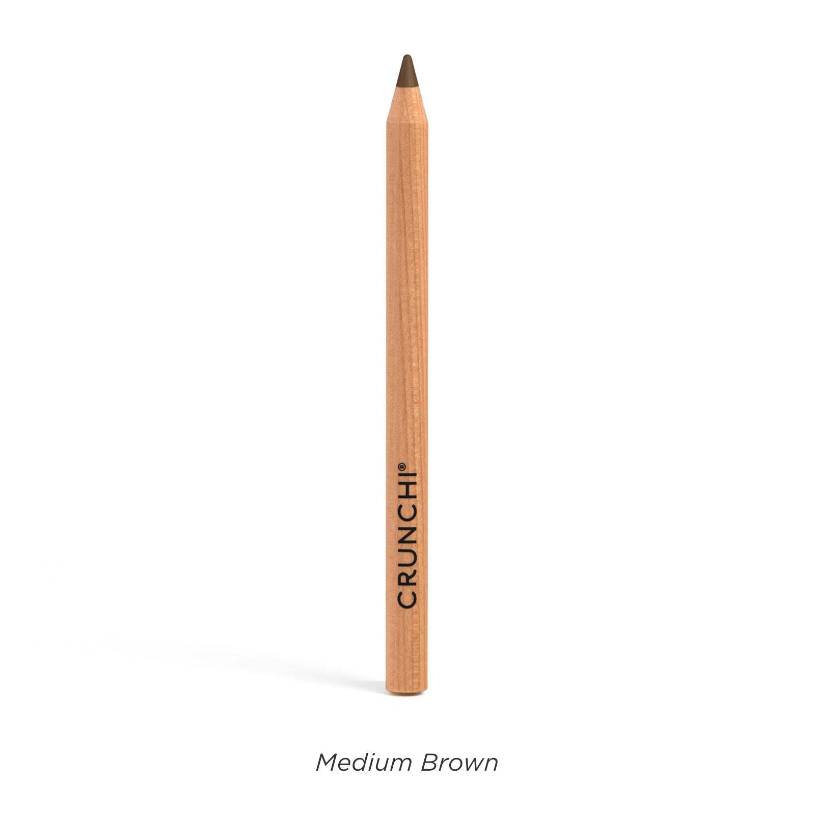 Wooden pencil with brown tip labeled 'CRUNCHI' on a white background