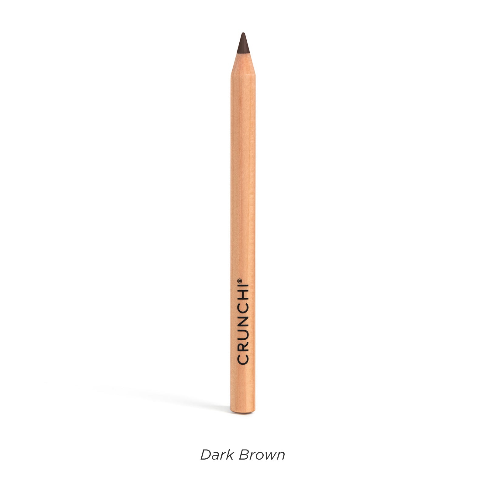 Dark brown eyeliner pencil with 'Crunchi' branding on a white background