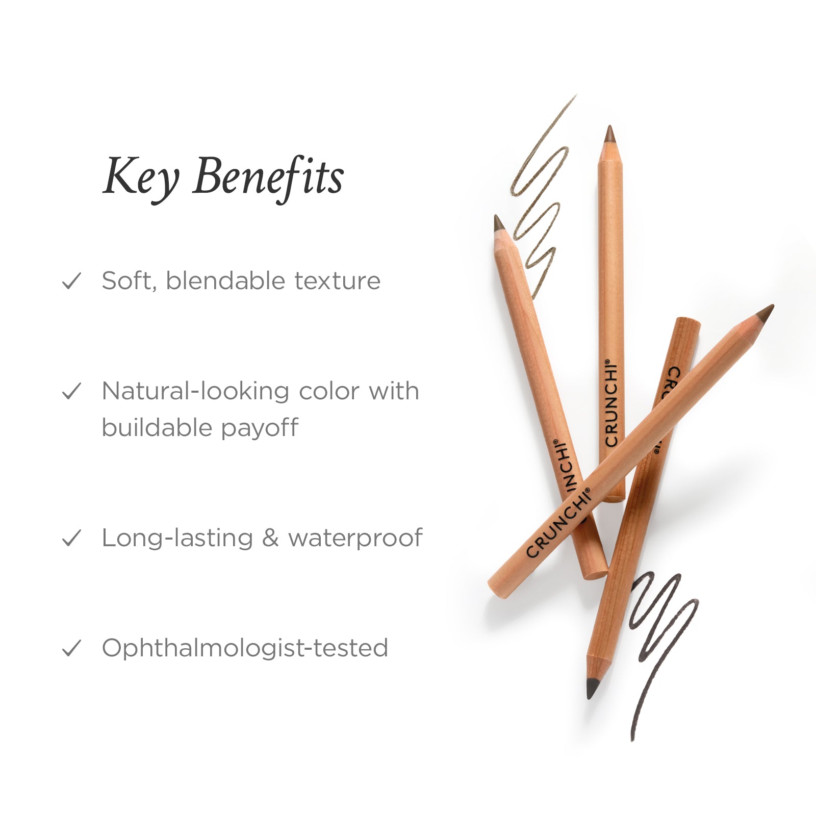 CRUNCHI lip liner pencils with key benefits listed on a white background