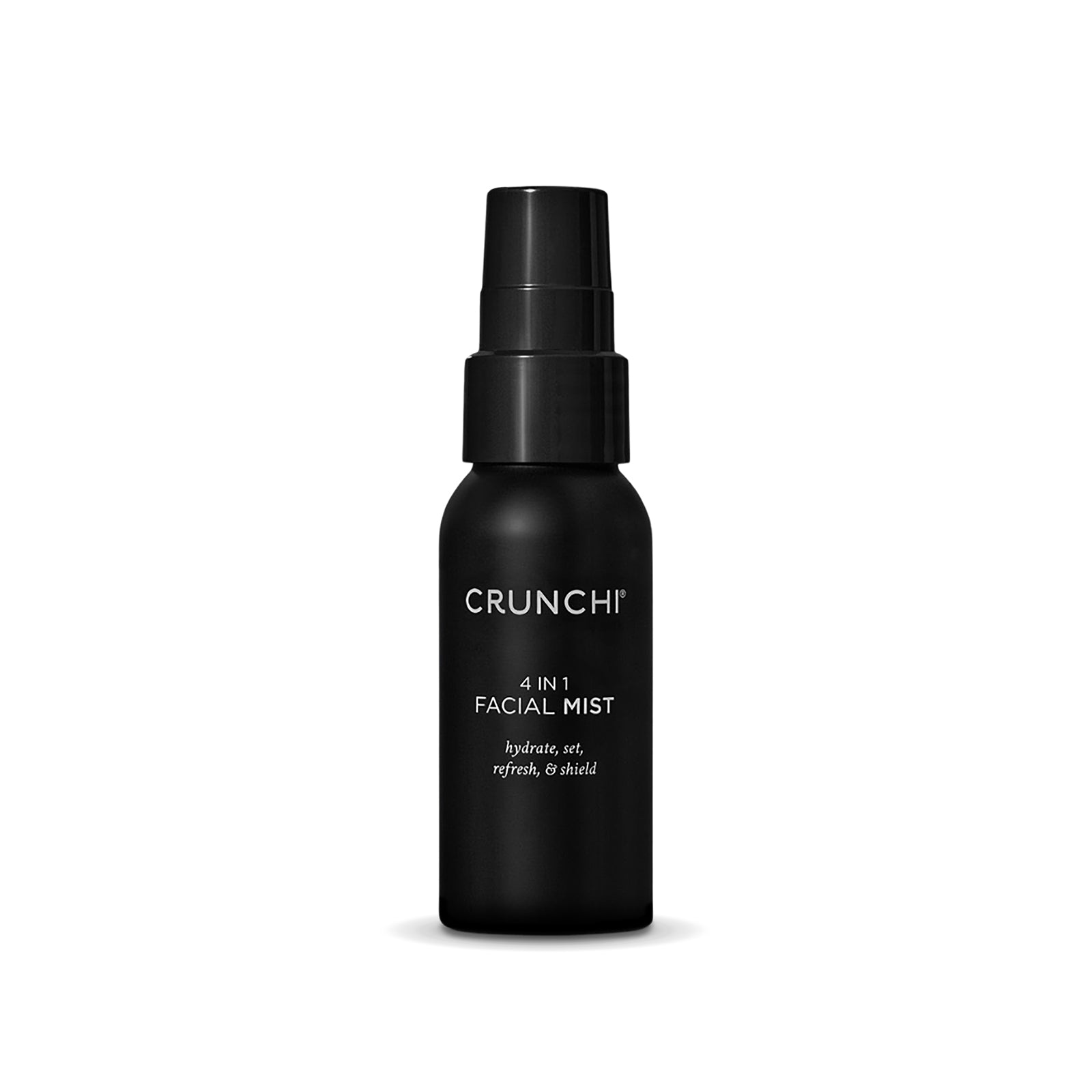 Black facial mist bottle labeled 'Crunchi' on a white background