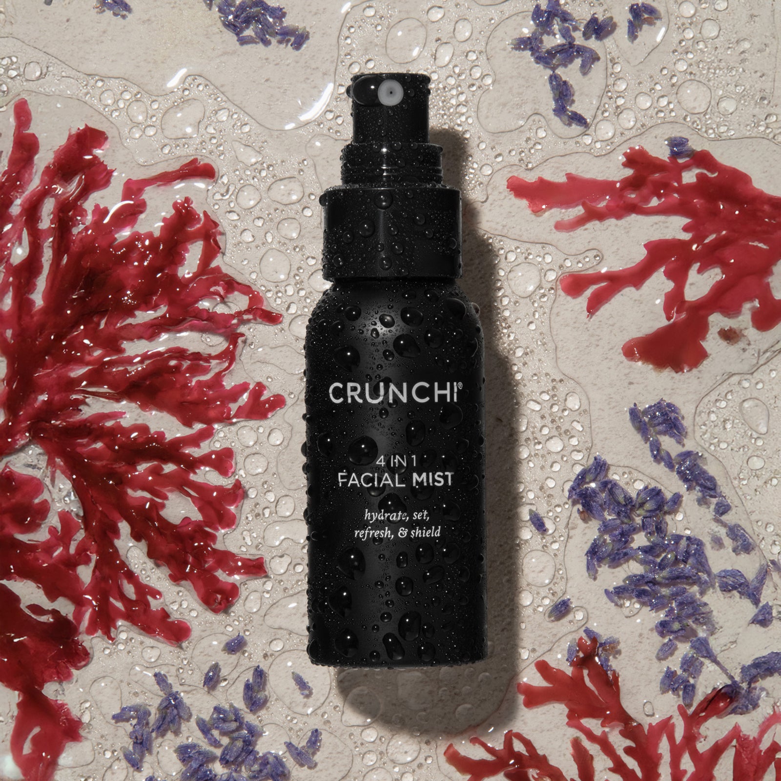 Black Crunchi facial mist bottle on a textured background with red and purple seaweed.