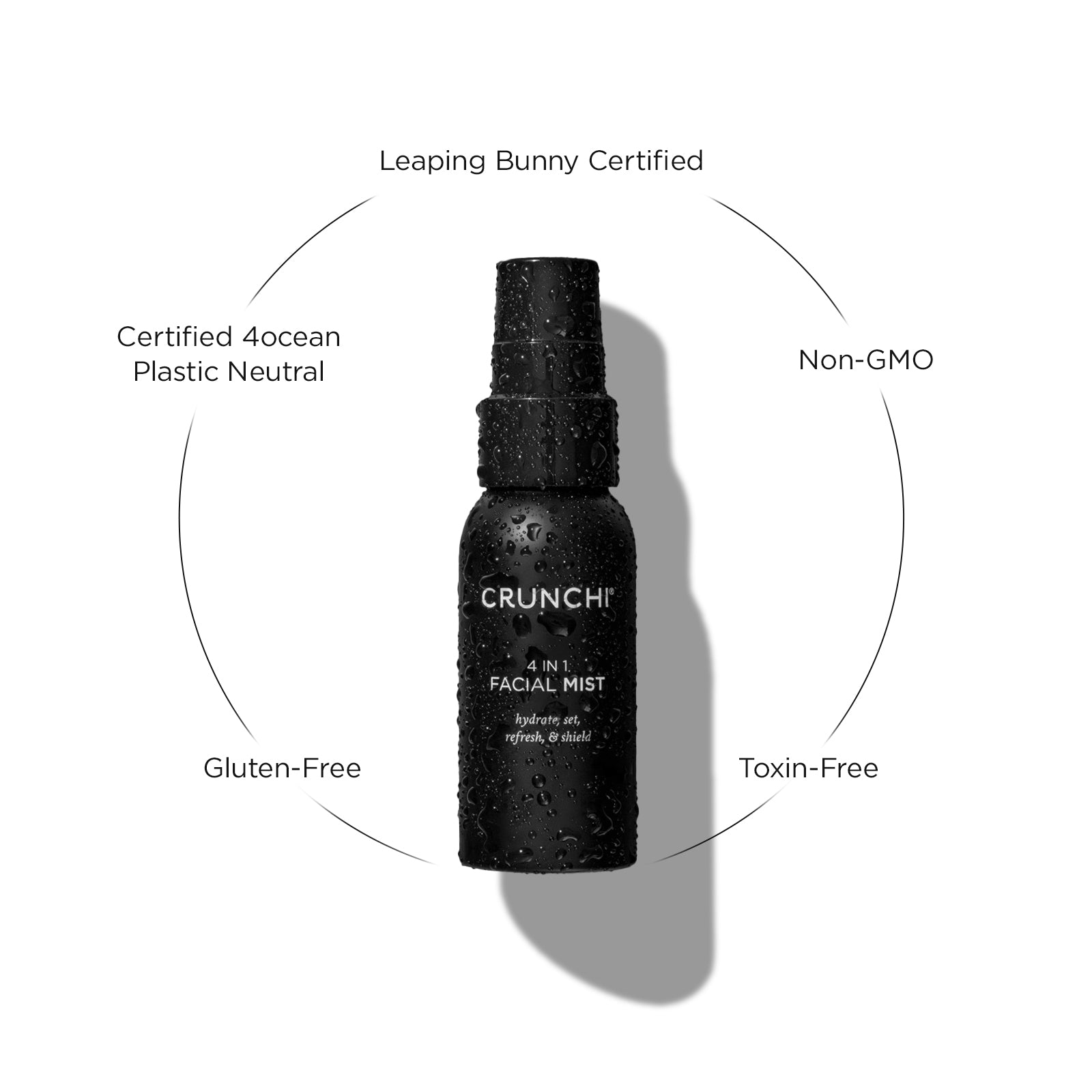 Black facial mist bottle with certification labels on a white background