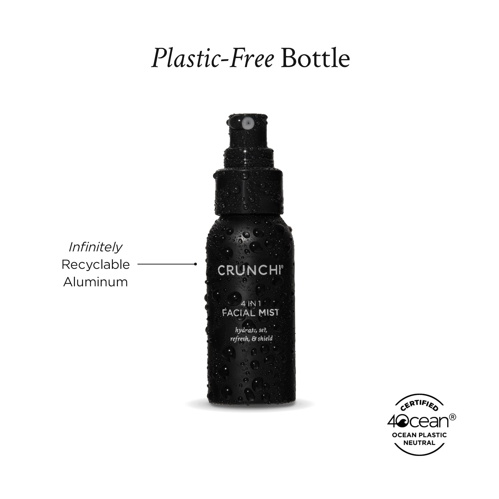 Black facial mist bottle labeled 'Crunchi' with '4 in 1' on a white background, featuring '4Ocean' certification.
