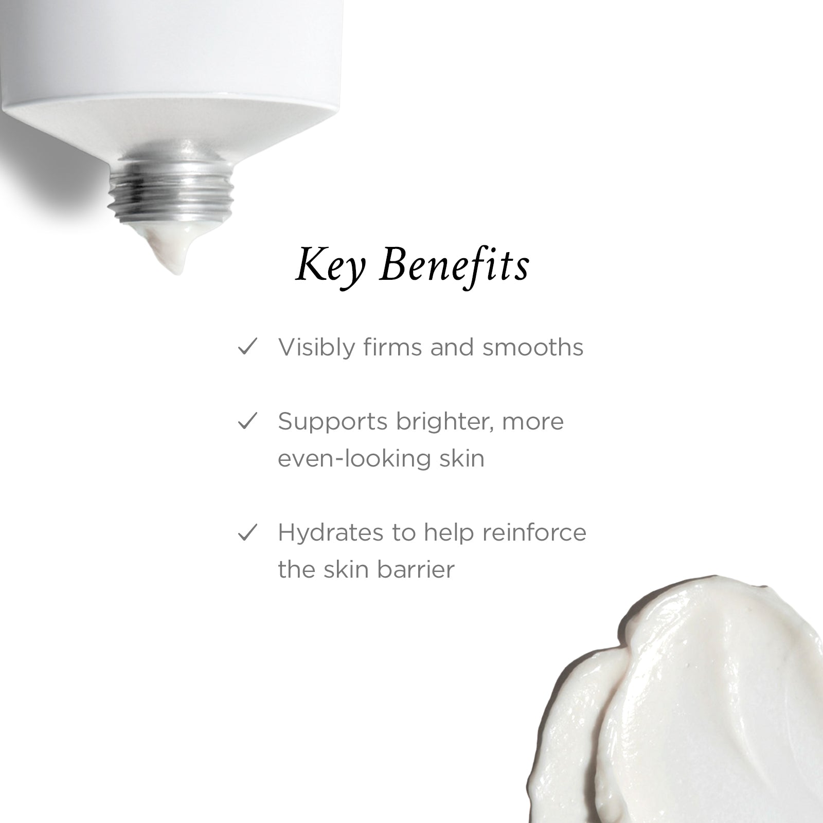 Key benefits of a skincare product with a close-up of skin texture on a white background.