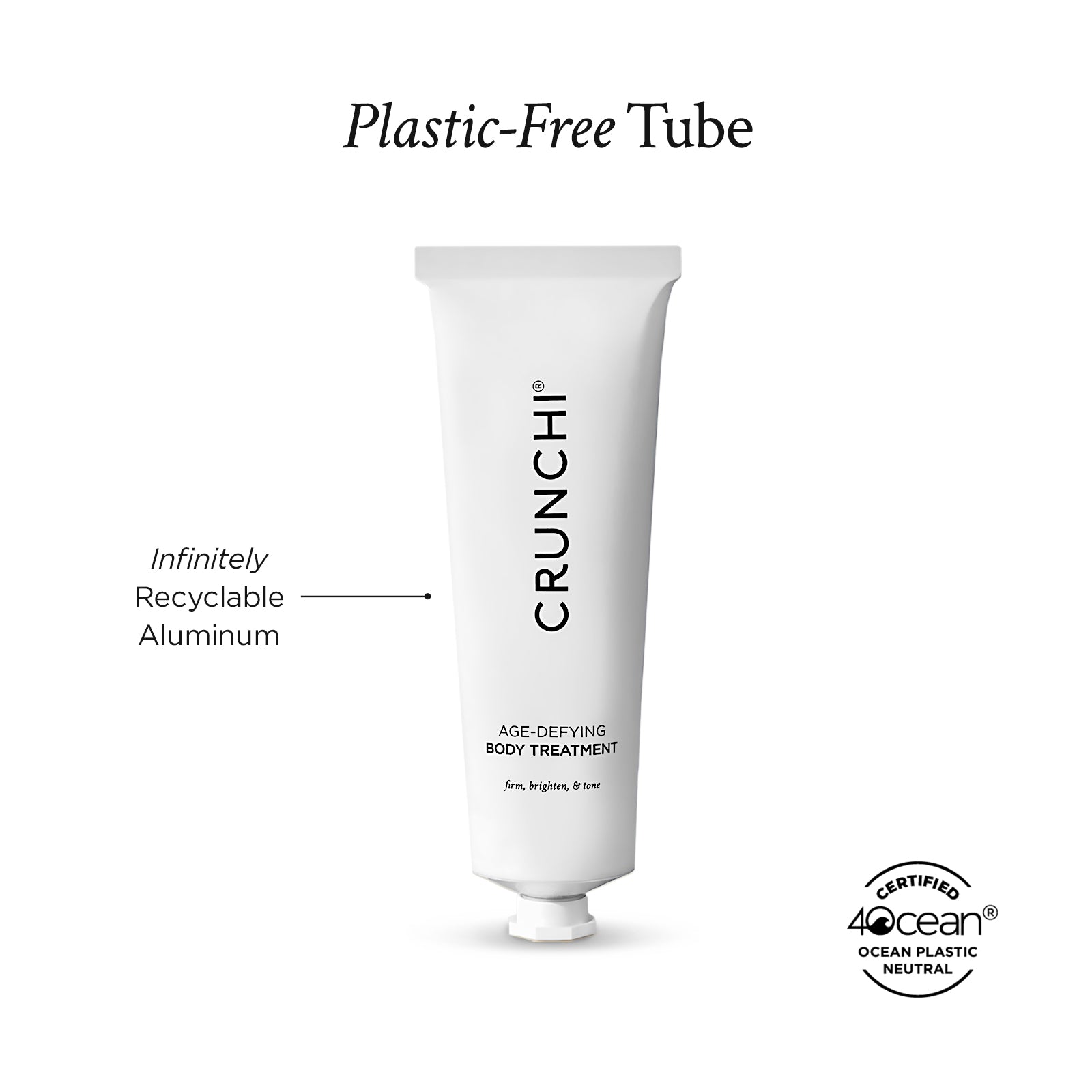 CRUNCHI body treatment tube with 'Plastic-Free Tube' text and 4ocean certification logo on a white background