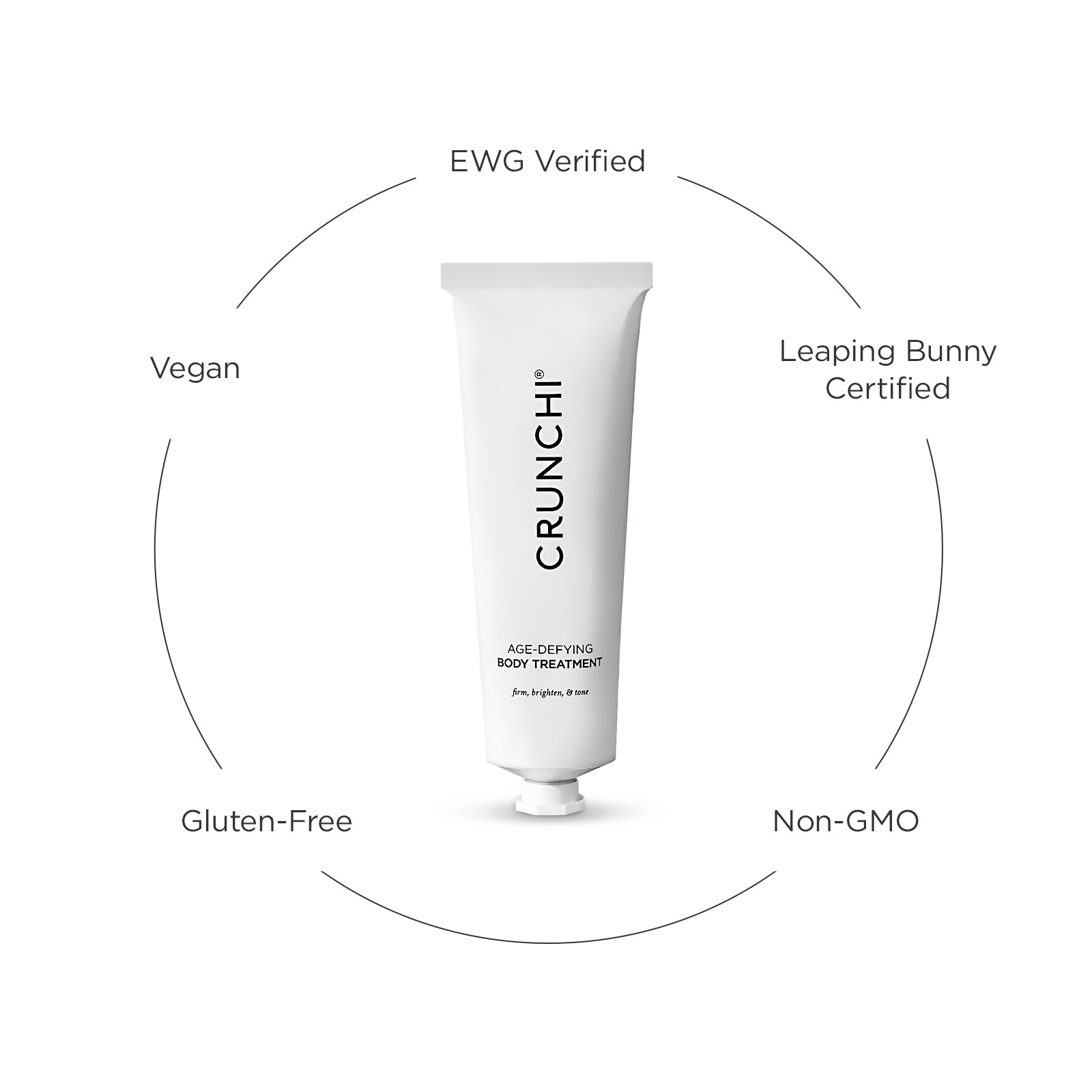 White tube of Crunchi body treatment with certification labels on a white background