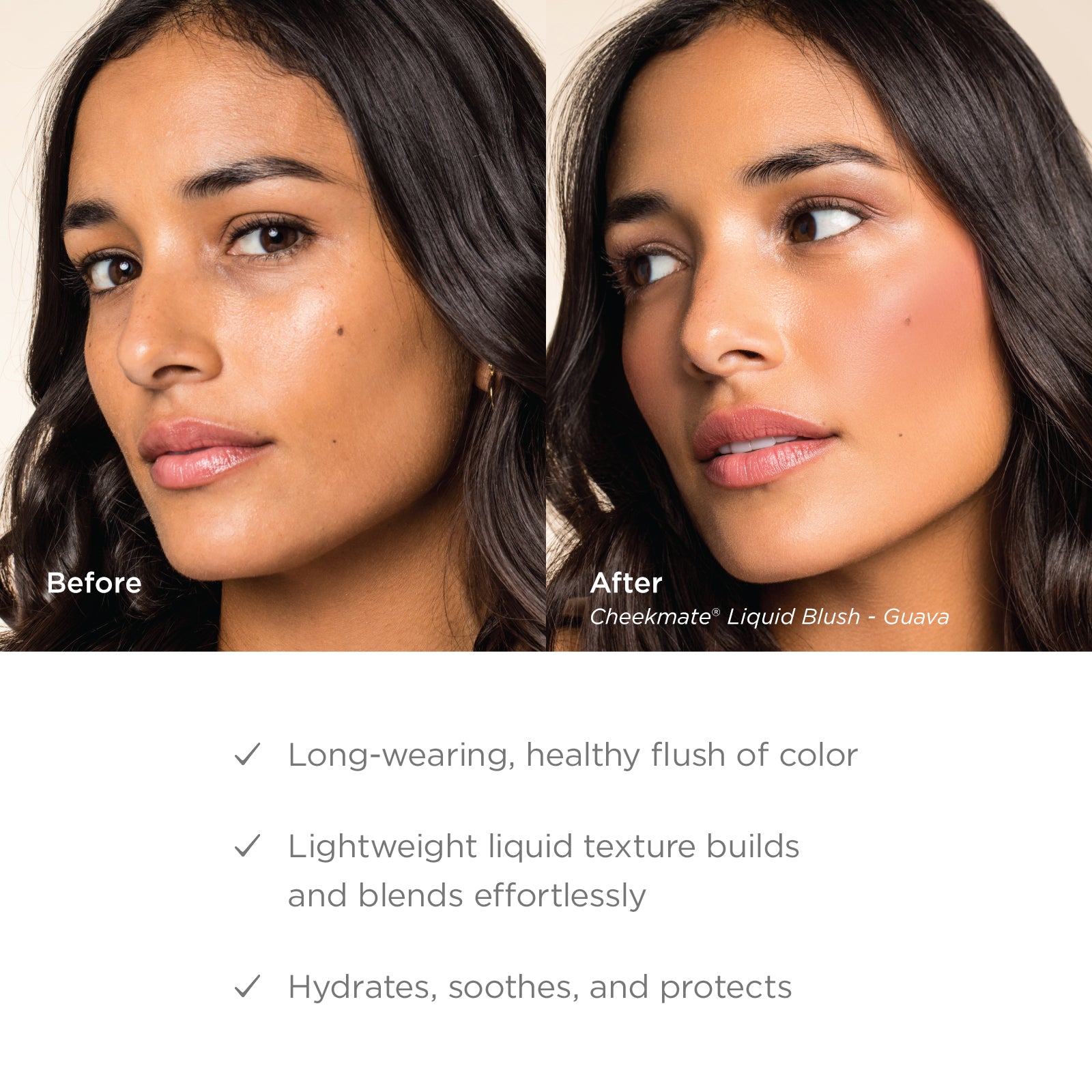 Before and after comparison of a woman's face with Cheekmate Liquid Blush in Guava shade.