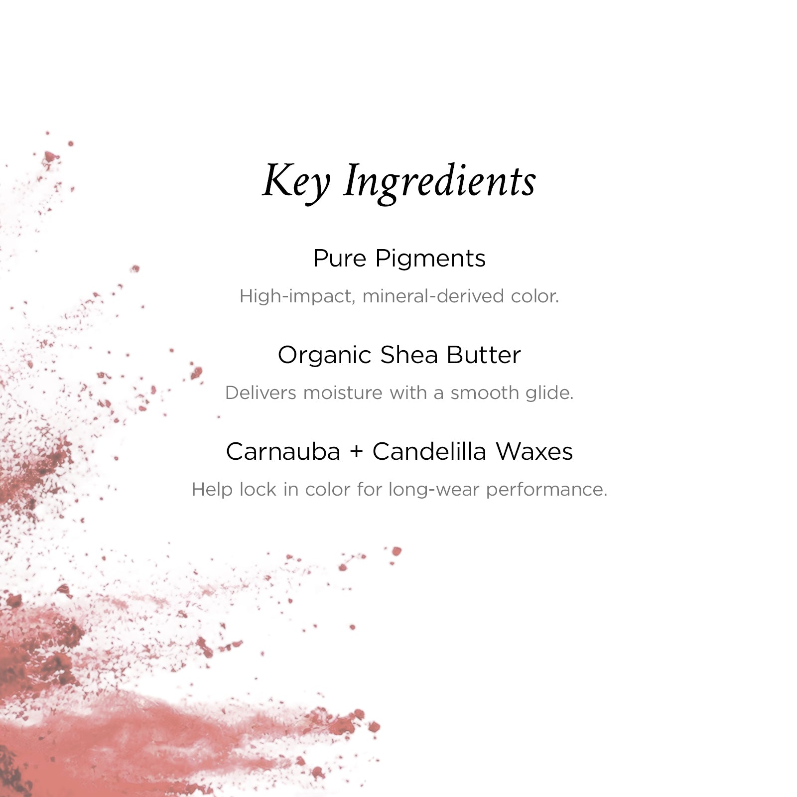 List of key ingredients with a pink color swatch on a white background