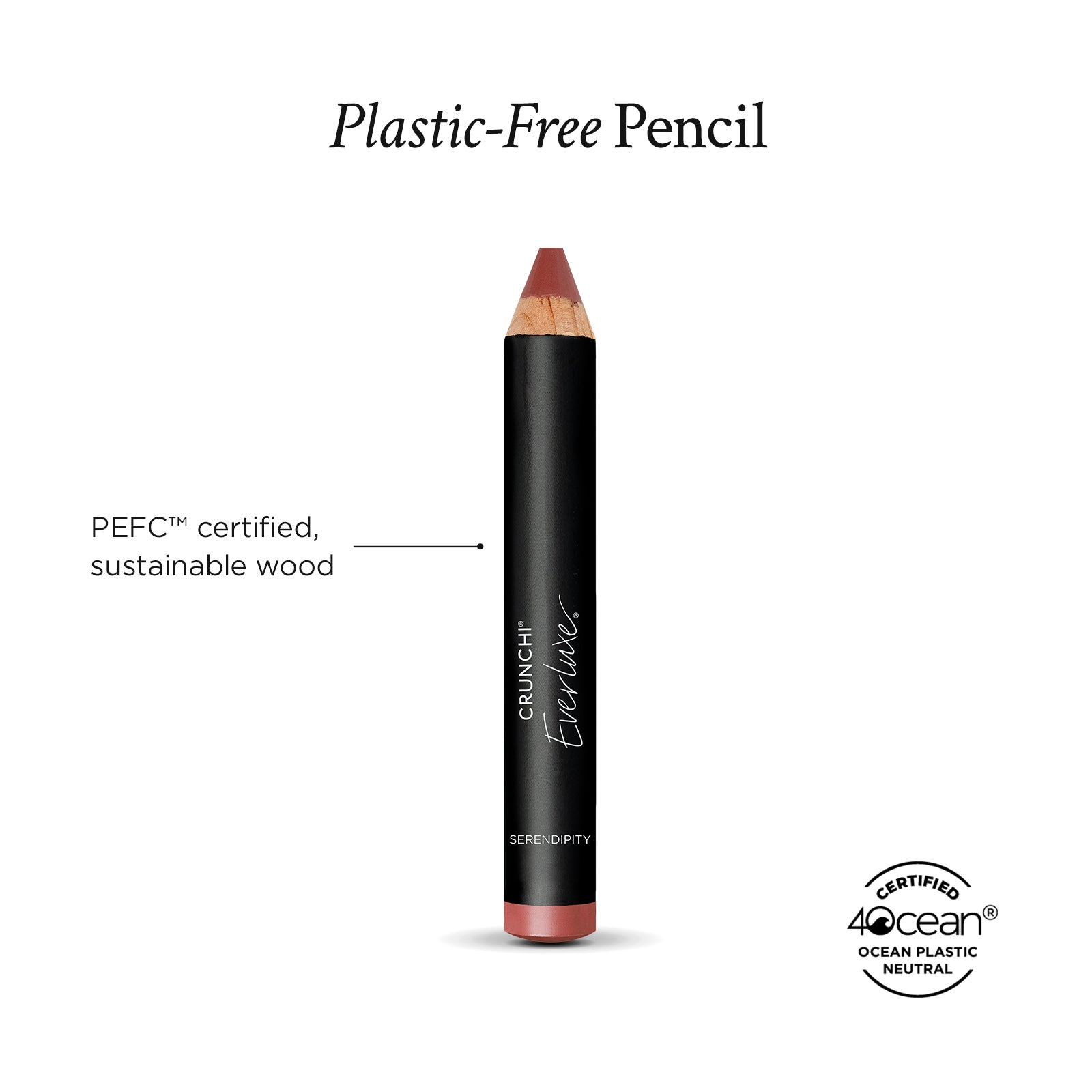 Plastic-free pencil with sustainable wood certification on a white background