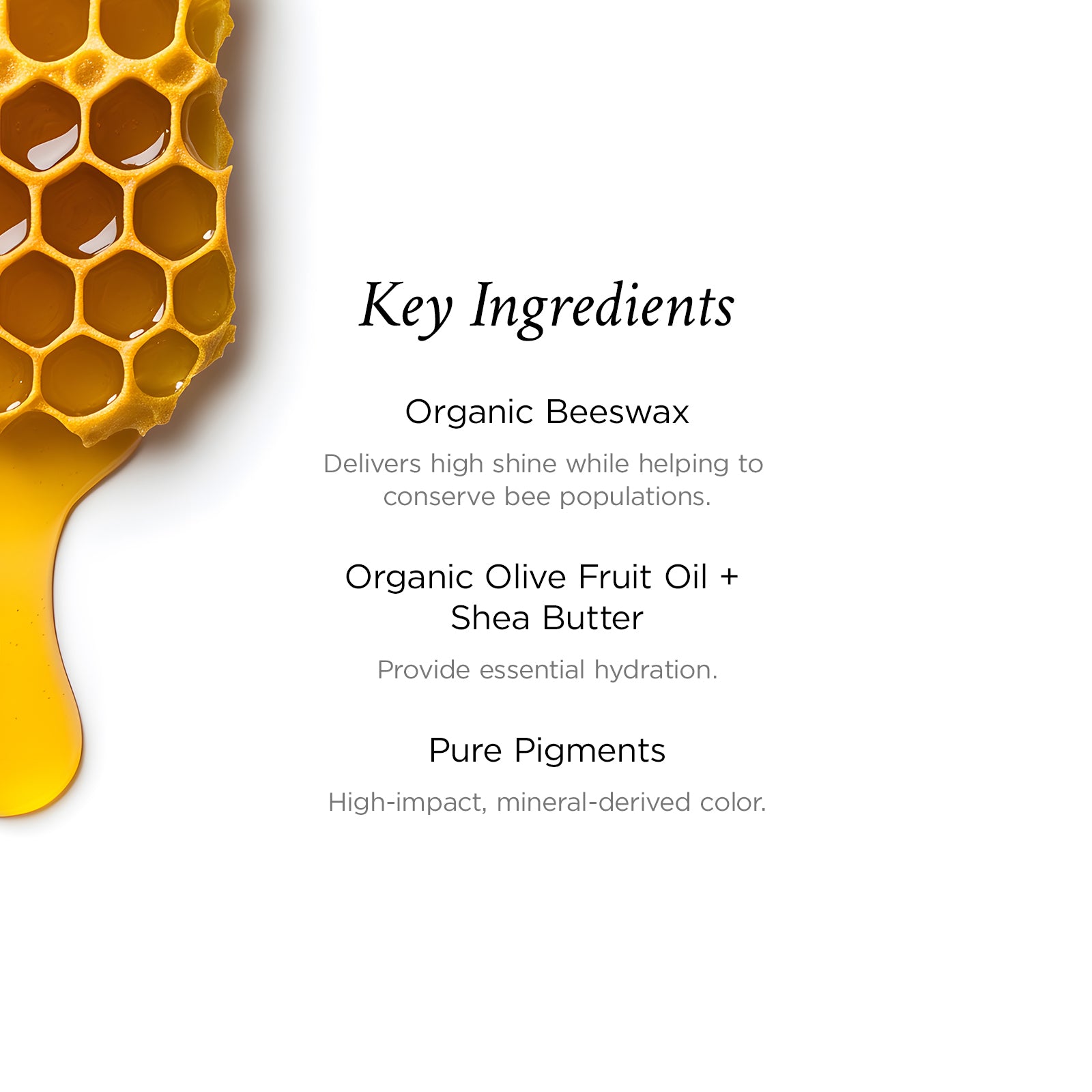 List of key ingredients with a honeycomb and honey on a white background