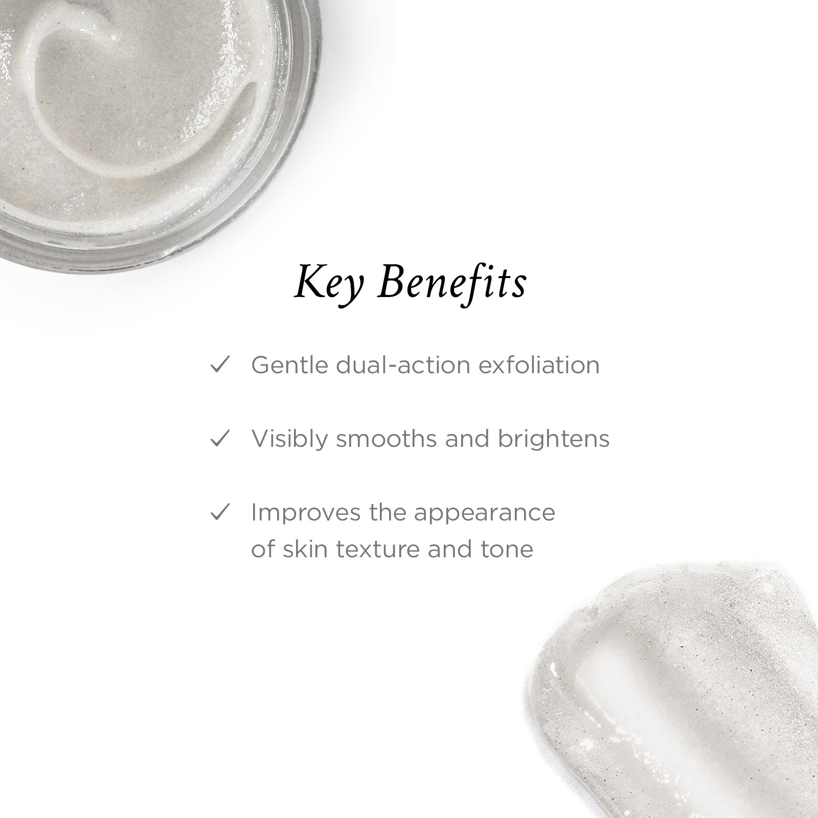 Key benefits of a skincare product on a white background