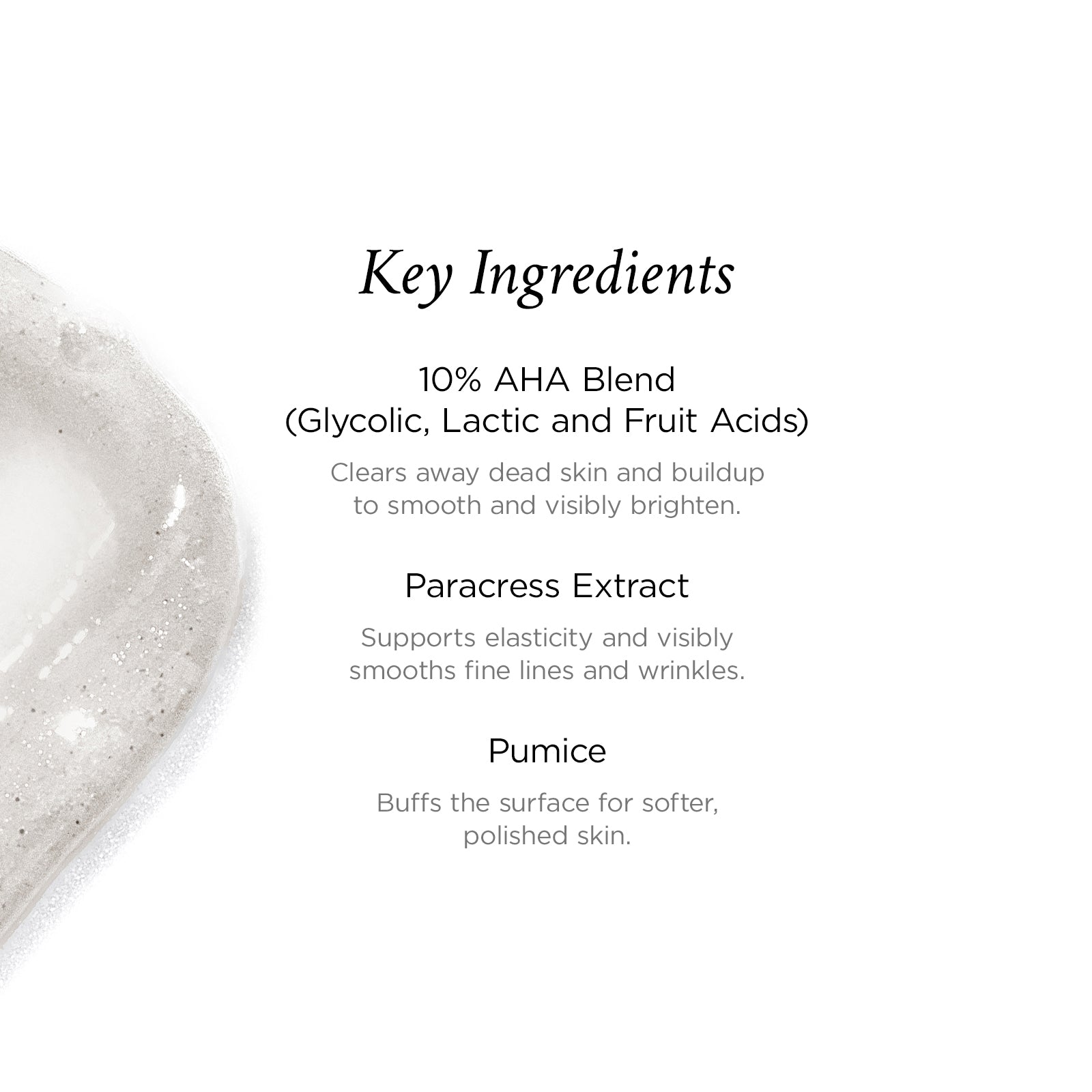 Key ingredients of a skincare product with a close-up of the product on a white background.