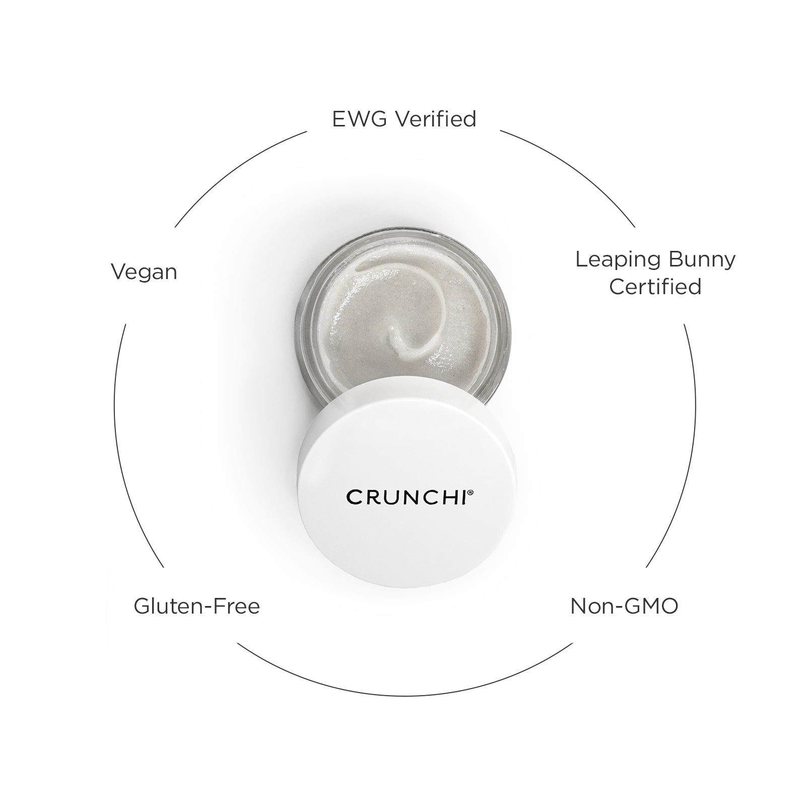 CRUNCHI container with certification labels on a white background