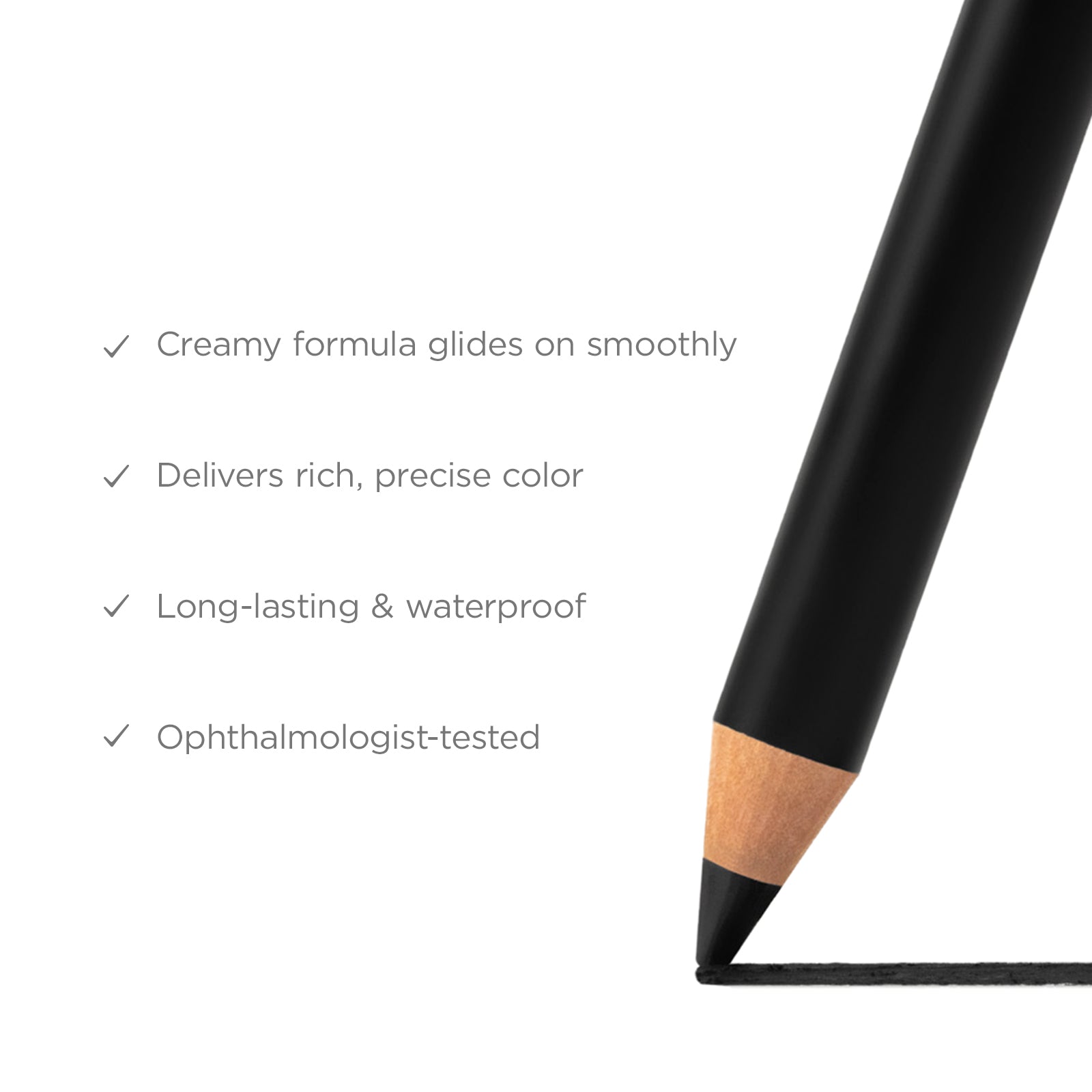 Cosmetic pencil with features listed on a white background