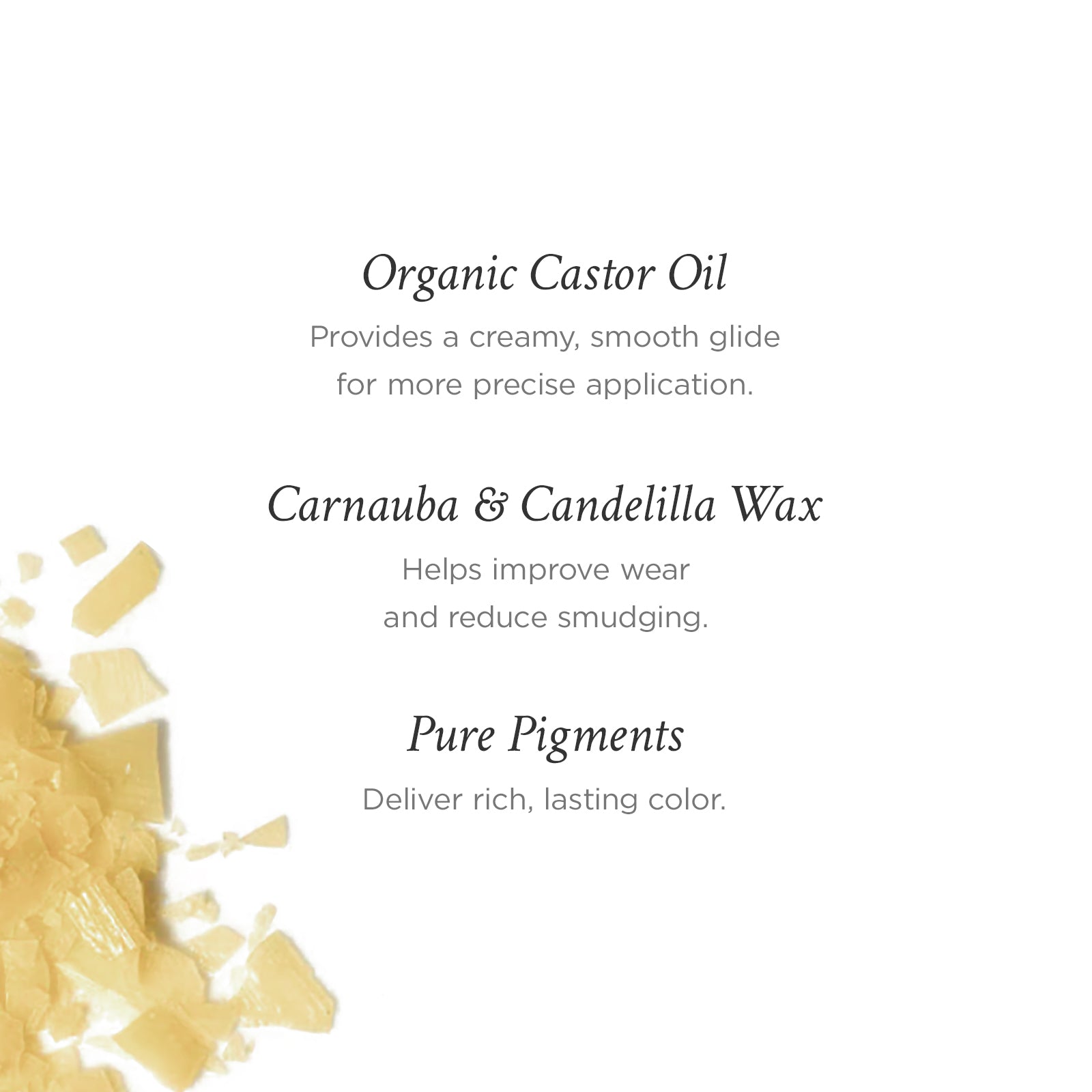 Text detailing the ingredients of a cosmetic product with a gold color swatch on a white background.