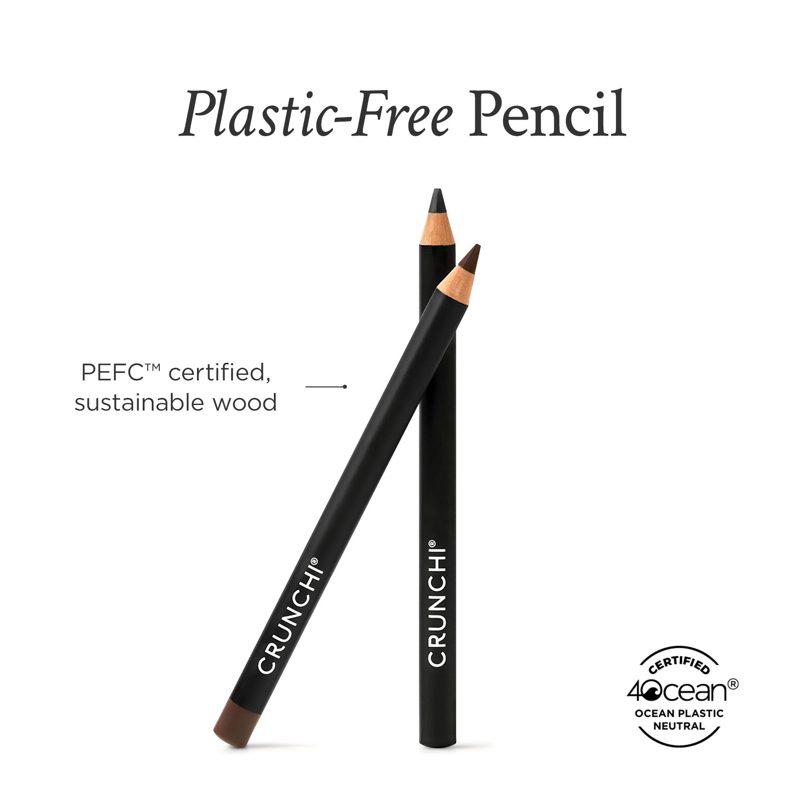 Two black pencils with wooden tips on a white background, labeled 'Crunchi' and featuring a 4Ocean certification logo.