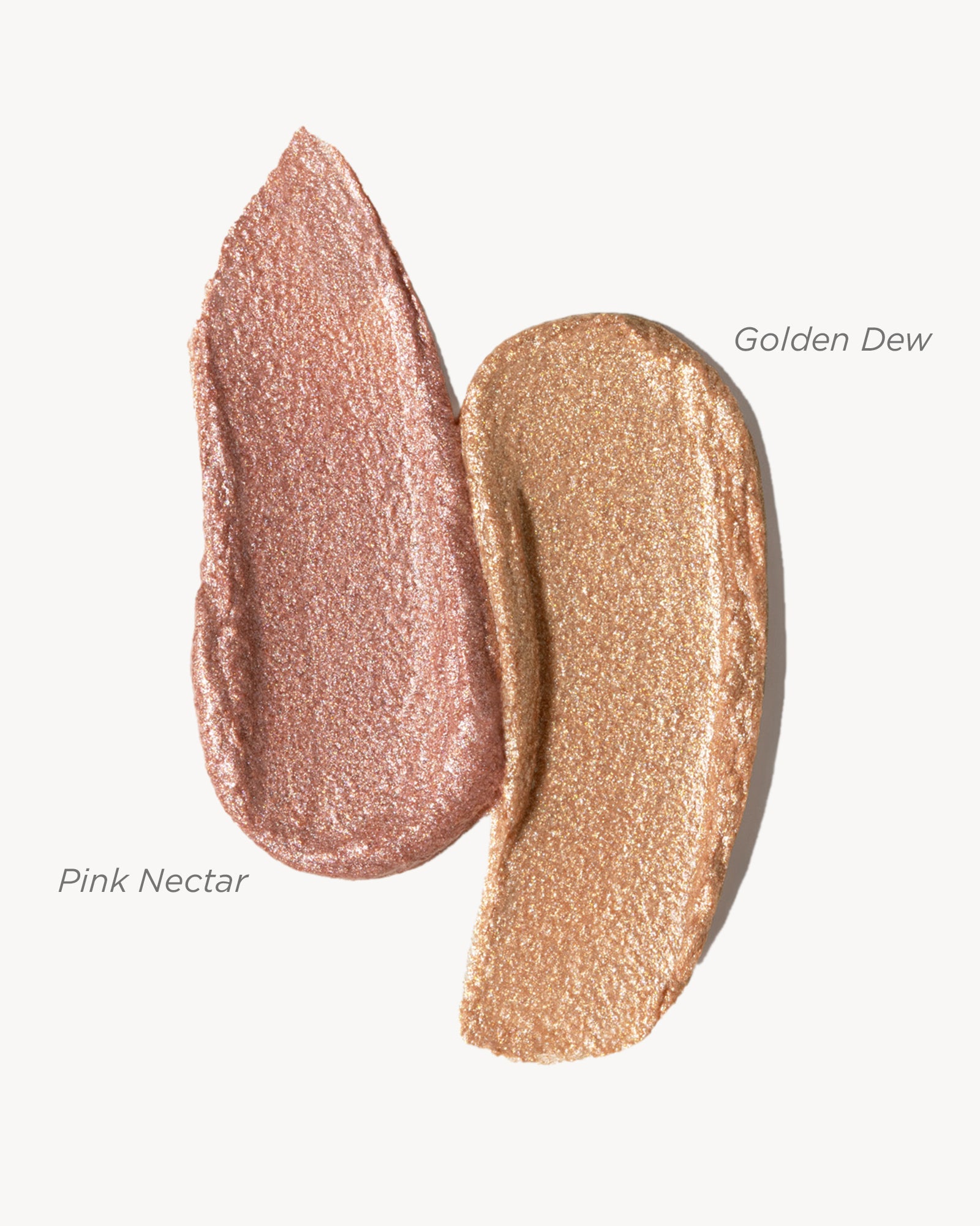 Two swatches of cosmetic product labeled 'Pink Nectar' and 'Golden Dew' on a white background.