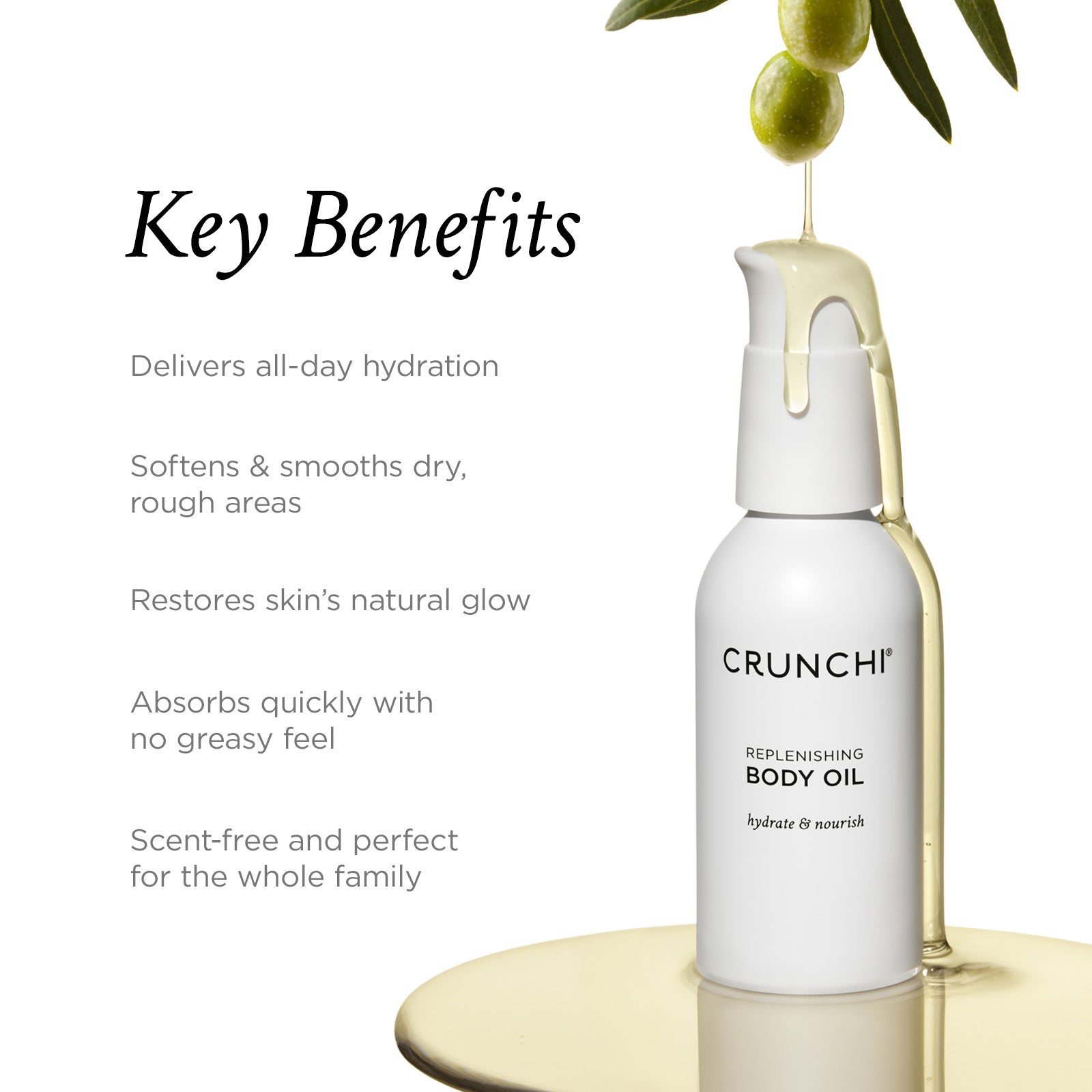 CRUNCHI replenishing body oil bottle with olive branch on a white background